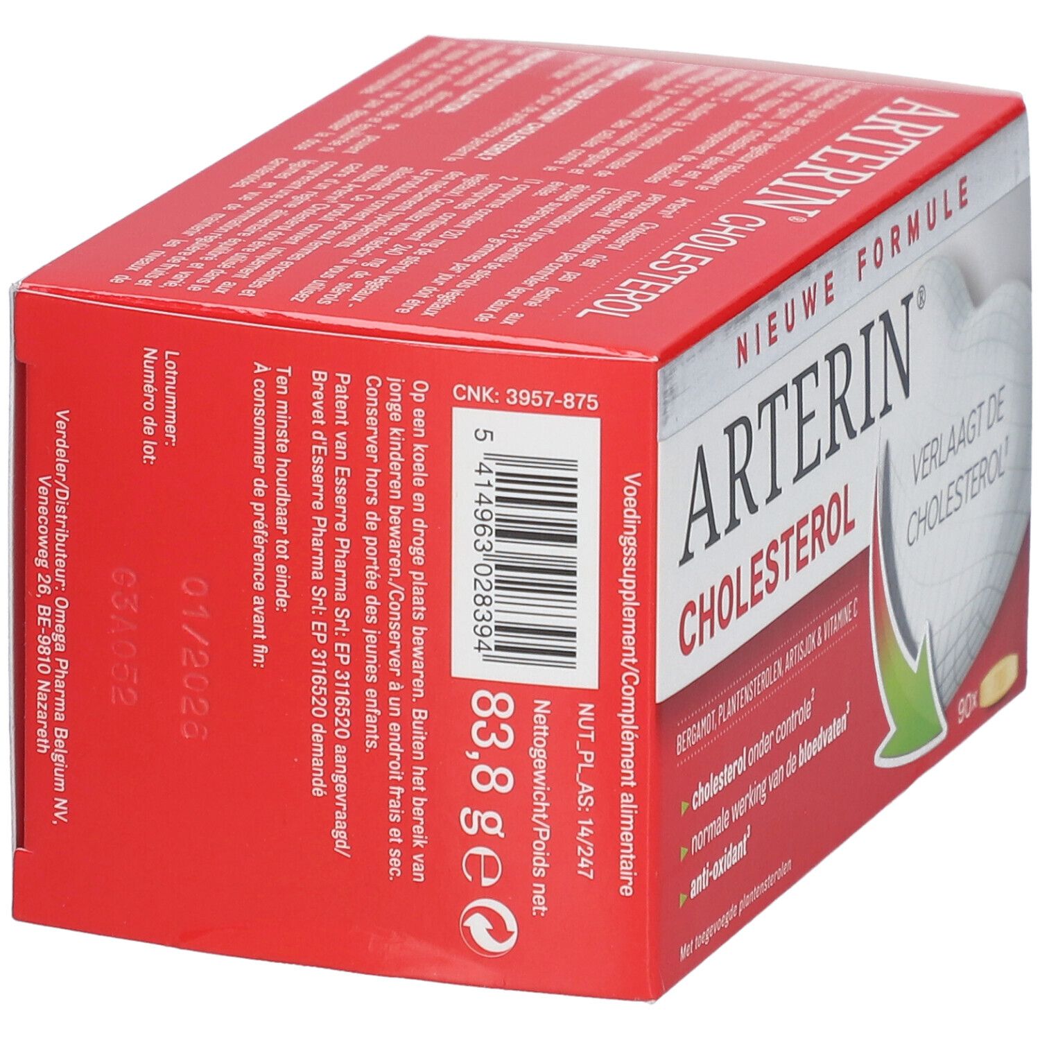 Boîte rouge Arterin Cholestérol. Inscription: 83,8 g. Contient 90 comprimés.