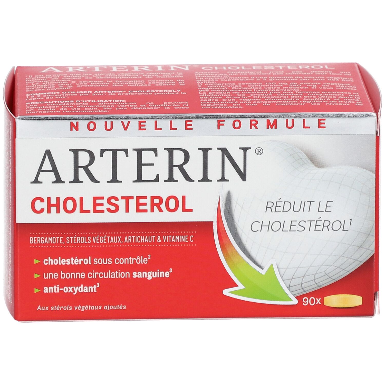 Boîte rouge Arterin Cholestérol. Nouvelle formule. Contient 90 comprimés.