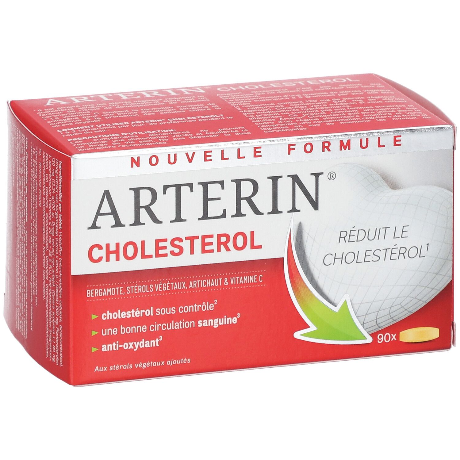 Boîte rouge Arterin Cholestérol. Nouvelle formule. Contient 90 comprimés.