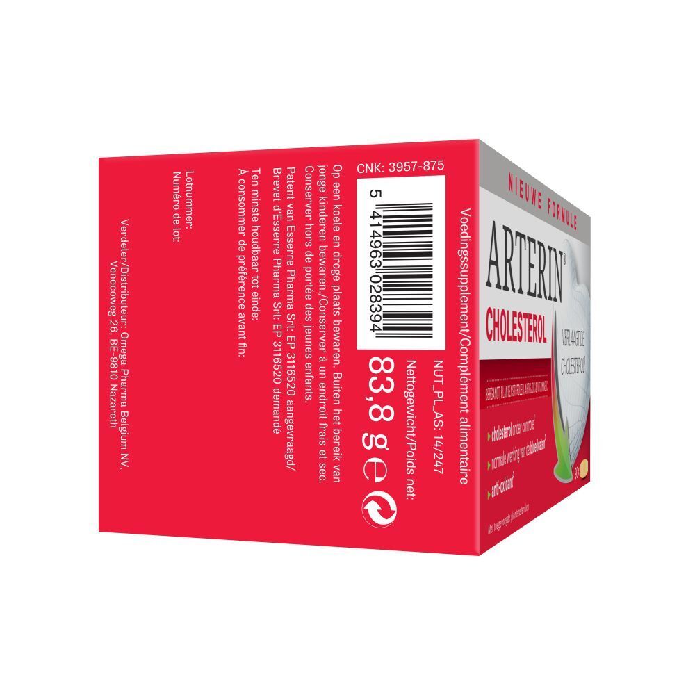 Rode doos Arterin Cholesterol. Ingrediëntenlijst en voedingswaarde-informatie.