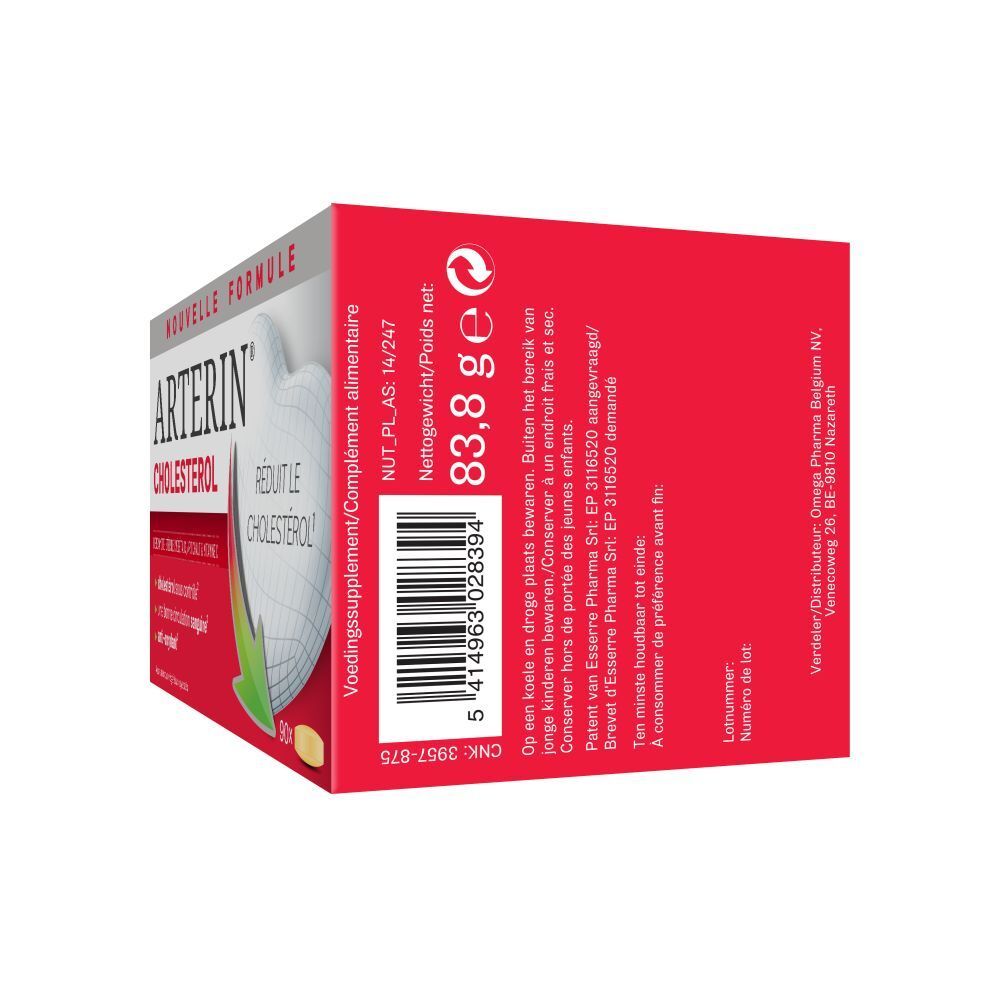 Boîte rouge Arterin Cholestérol. Inscription: 83,8 g. Contient 90 comprimés.