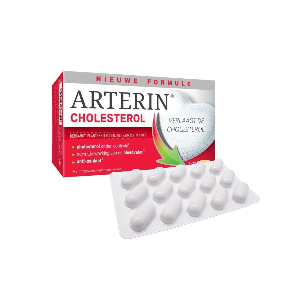 Rode doos Arterin Cholesterol. Opschrift: 83,8 g. Bevat 90 tabletten.
