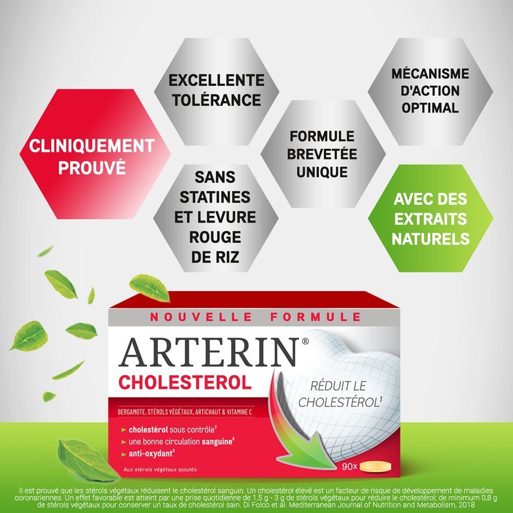 Boîte rouge Arterin Cholestérol. Nouvelle formule. Contient 90 comprimés.