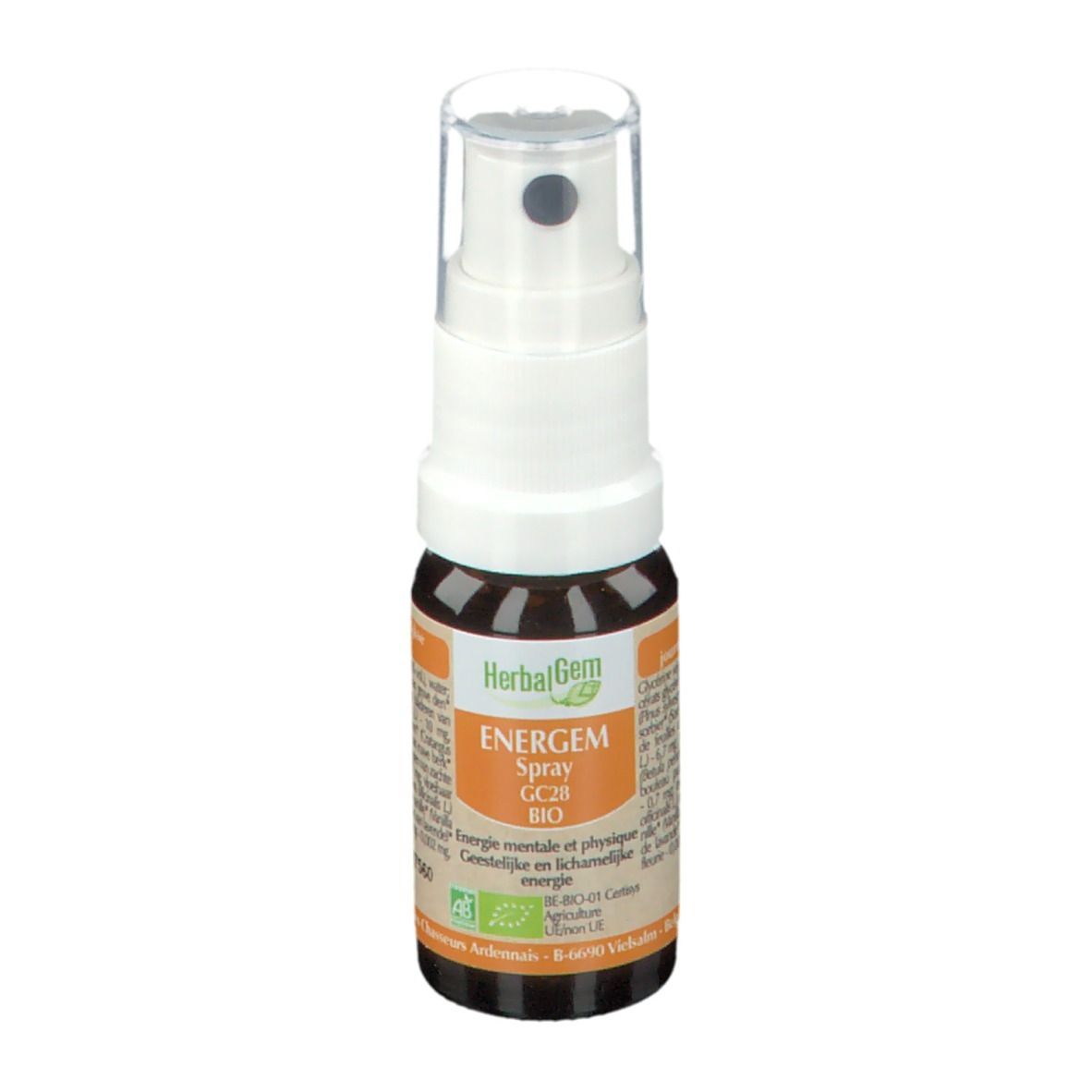 Bruine glazen fles met witte spraykop. Opschrift: HerbalGem, ENERGEM Spray GC28 BIO. Met bio-label.
