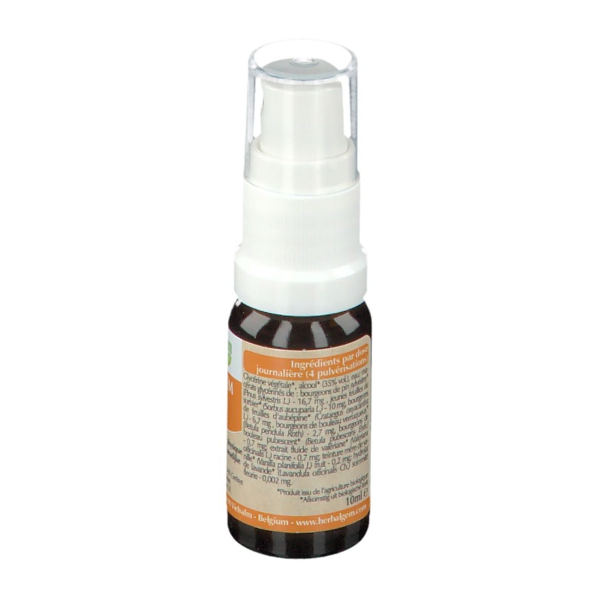 Bruine glazen fles met witte etiketten. Opschrift: Ingrediënten. Met bio-label. Tekst in het Frans.
