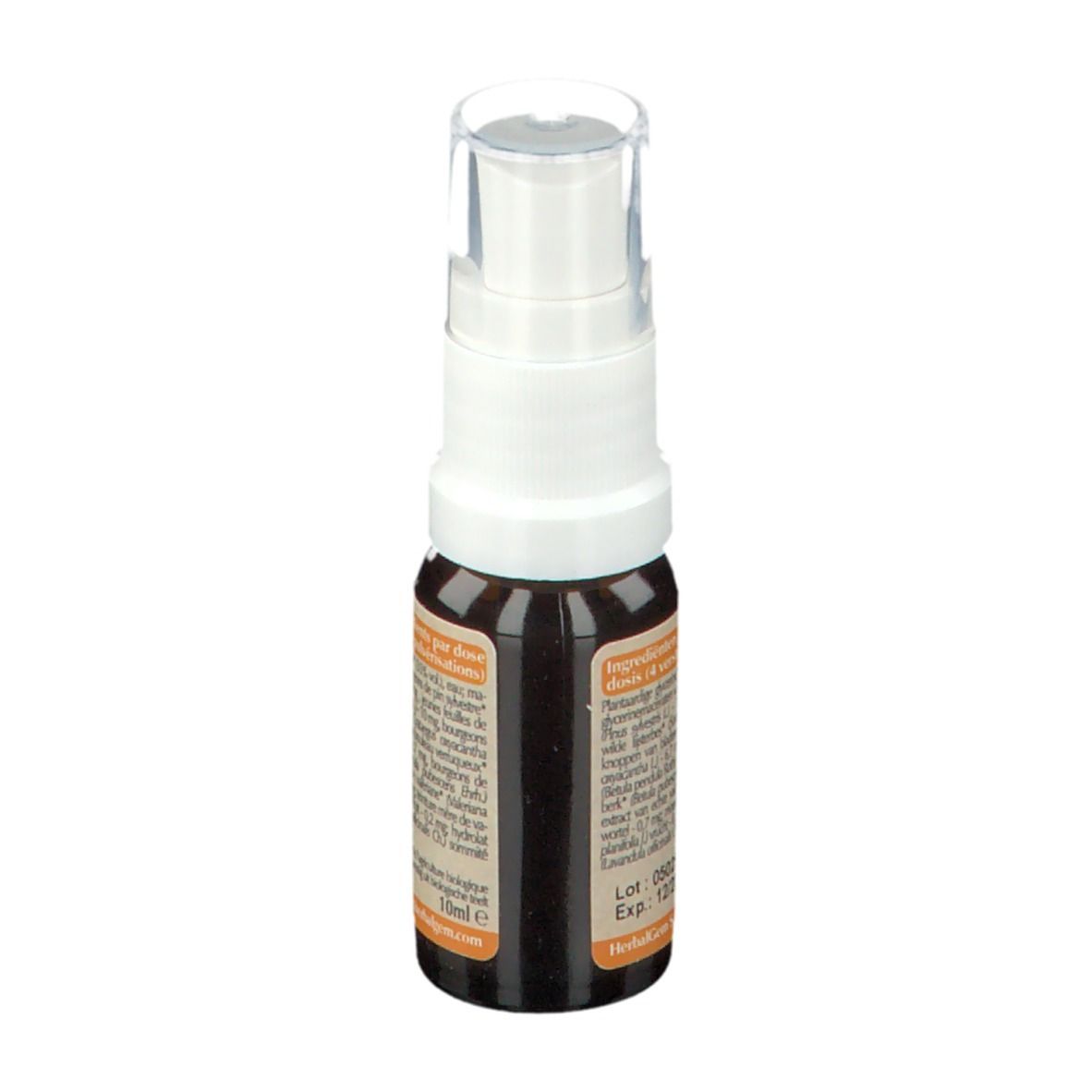 Bruine glazen fles met witte etiketten. Opschrift: Ingrediënten. Met bio-label. Tekst in het Frans.