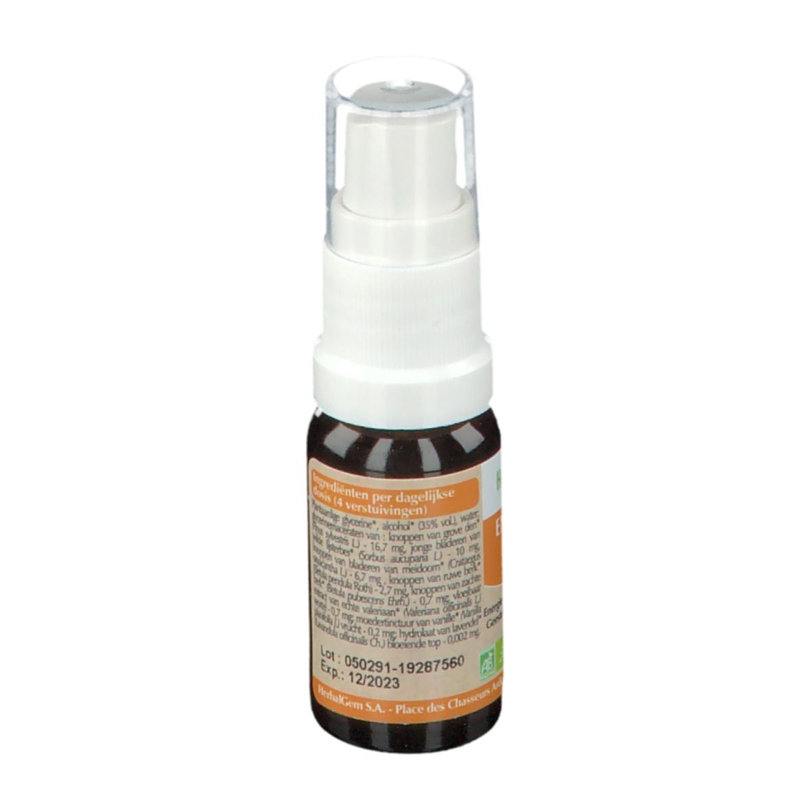 Bruine glazen fles met witte etiketten. Opschrift: Ingrediënten. Met bio-label. Tekst in het Frans.