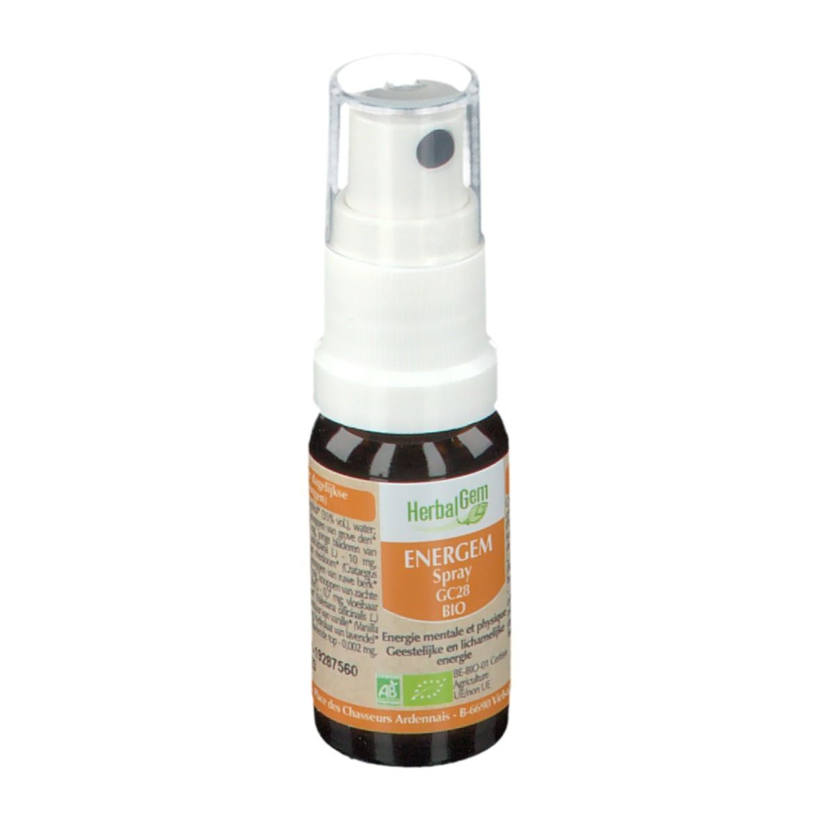 Bruine glazen fles met witte spraykop. Opschrift: HerbalGem, ENERGEM Spray GC28 BIO. Met bio-label.