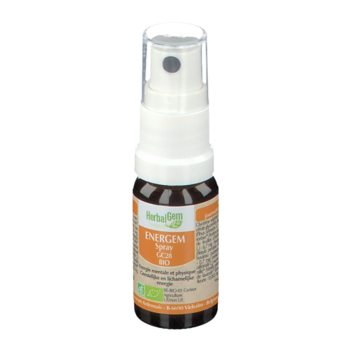 Bruine glazen fles met witte spraykop. Opschrift: HerbalGem, ENERGEM Spray GC28 BIO. Met bio-label.