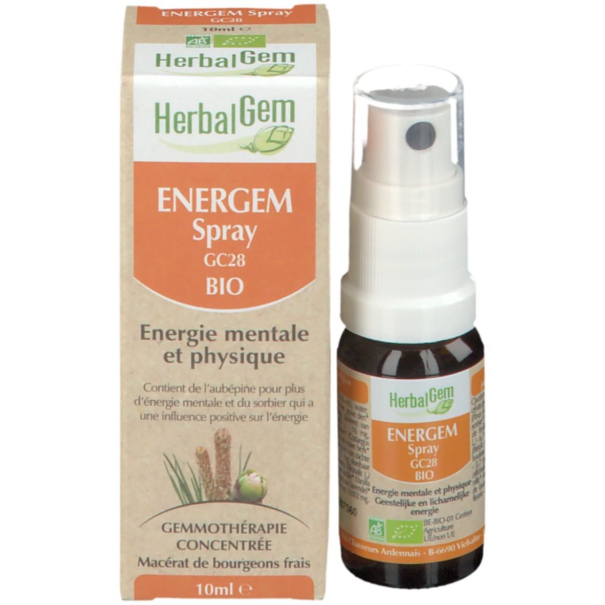 Productfles en verpakking. Opschrift: HerbalGem, ENERGEM Spray GC28 BIO. Met bio-label. 10ml.