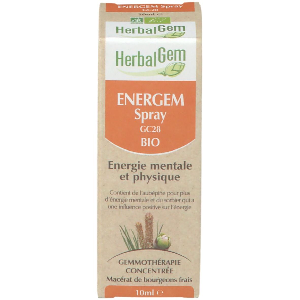 Productverpakking. Opschrift: HerbalGem, ENERGEM Spray GC28 BIO. Met bio-label. 10ml.
