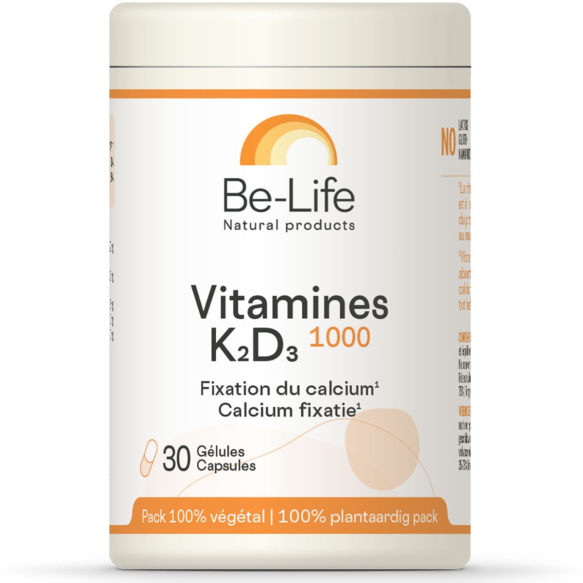 Be-Life Vitamin K2 D3 1000. Weiße Dose mit orangefarbenen Akzenten. Enthält 30 Kapseln. Aufschrift: Fixation du calcium.