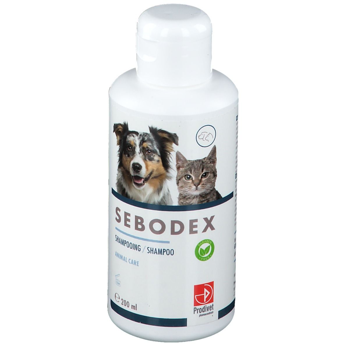 Weiße Flasche mit SEBODEX Shampoo-Etikett. Abgebildet sind Hund und Katze. Text: Shampooing/Shampoo, Animal Care, 200 ml.
