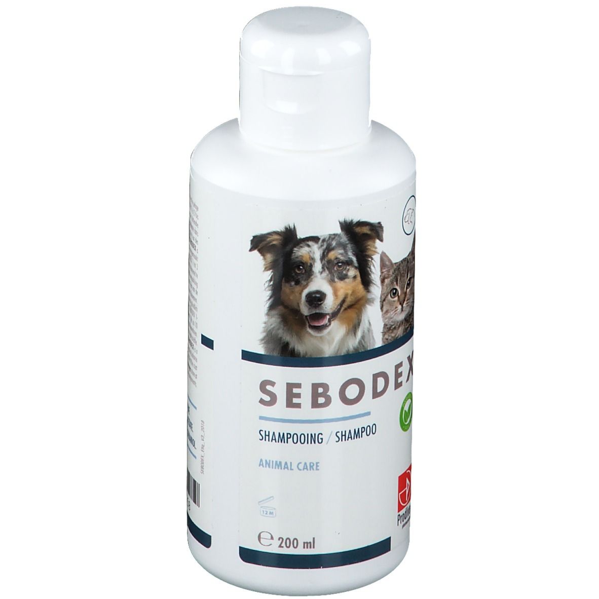 Weiße Flasche mit SEBODEX Shampoo-Etikett. Abgebildet sind Hund und Katze. Text: Shampooing/Shampoo, Animal Care, 200 ml.