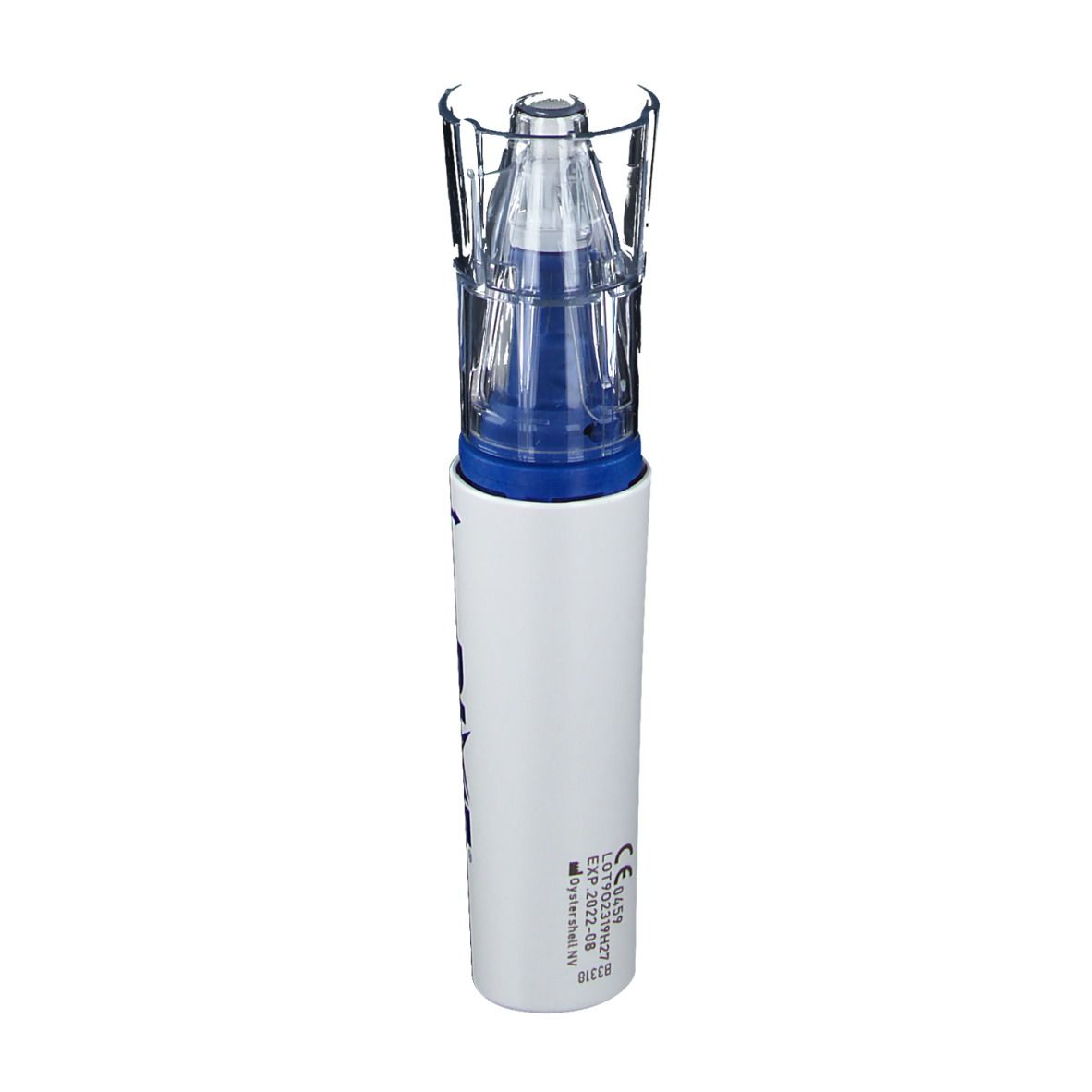 Dispositif cylindrique blanc avec applicateur bleu et embout transparent. Marquage CE.