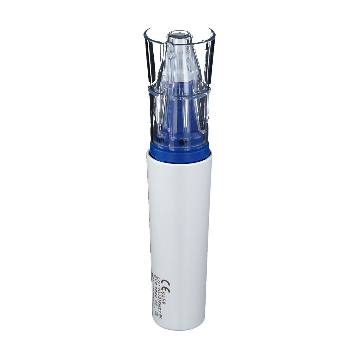 Dispositif cylindrique blanc avec applicateur bleu et embout transparent. Marquage CE.