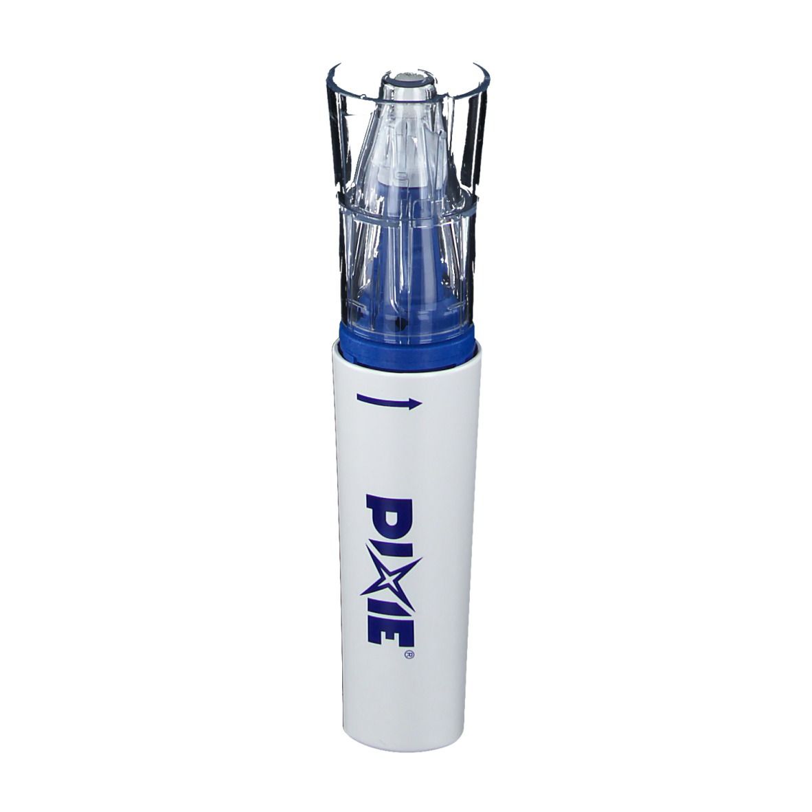 Dispositif cylindrique blanc avec applicateur bleu et embout transparent. Inscription: PIXIE.