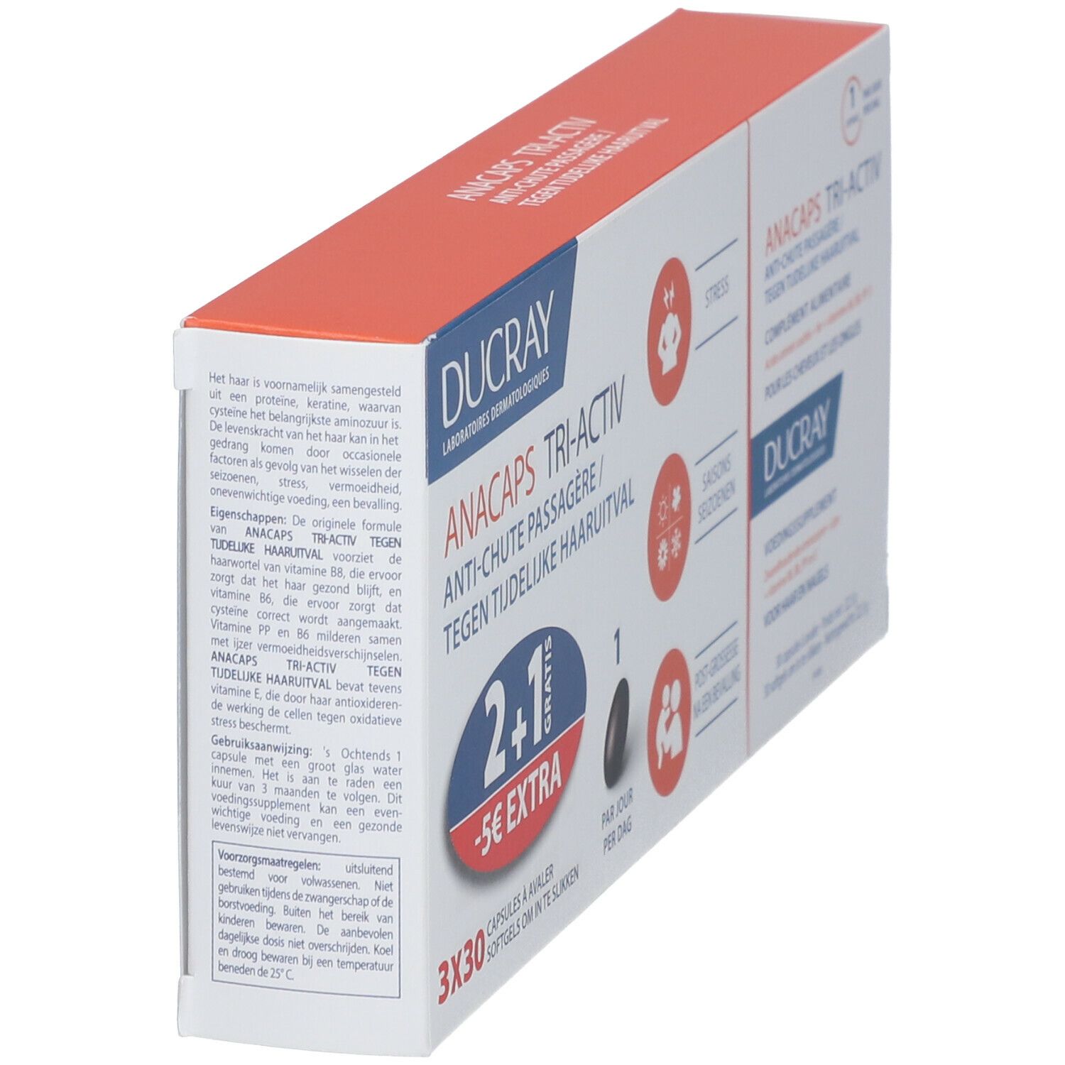 Vue latérale de la boîte Ducray Anacaps Tri-Activ. Texte: Anti-chute, 2+1 gratuit, -5€ extra. Avec illustrations et description.