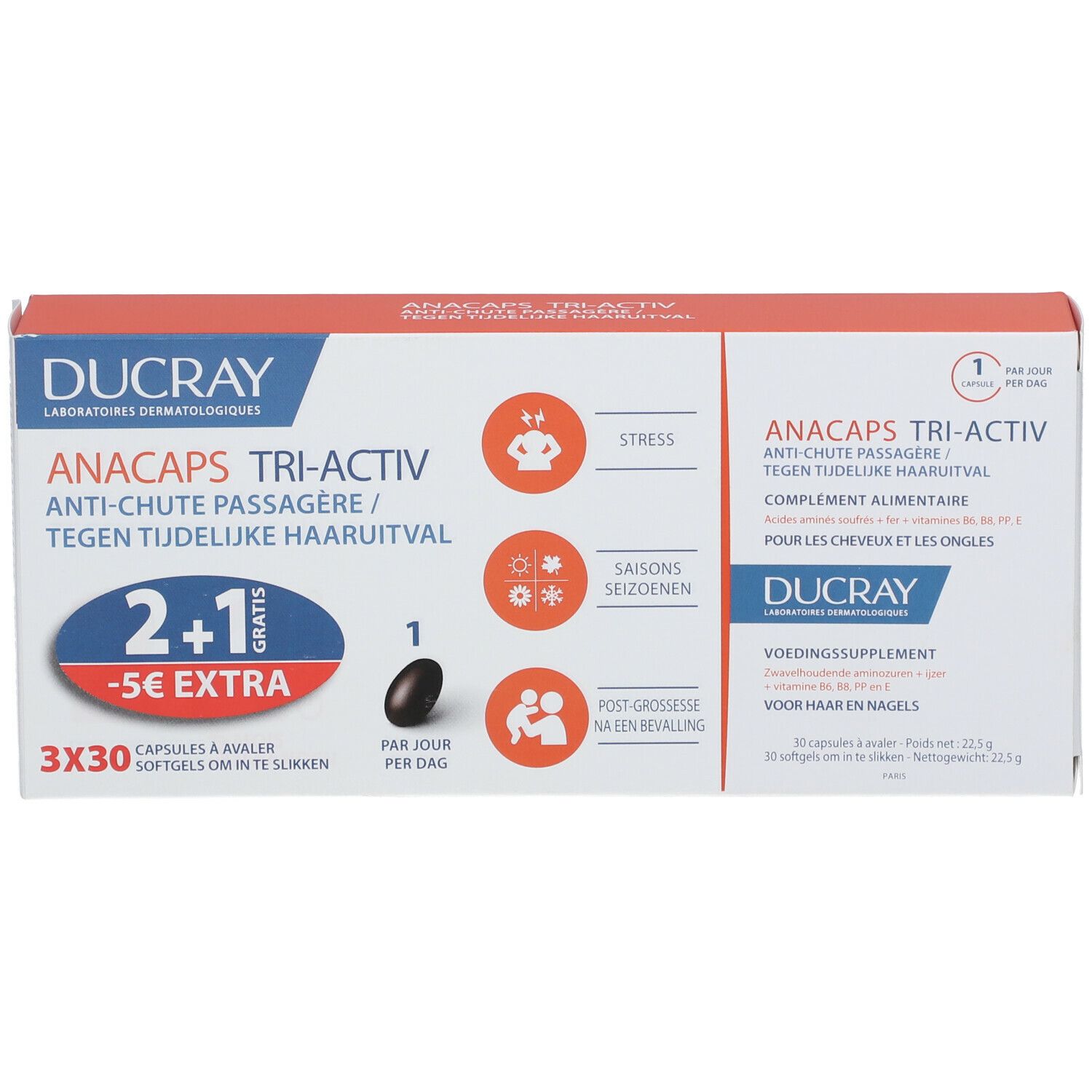 Boîte Ducray Anacaps Tri-Activ. Contient 3x30 gélules. Inscription: Anti-chute, 2+1 gratuit, -5€ extra. Avec illustrations.