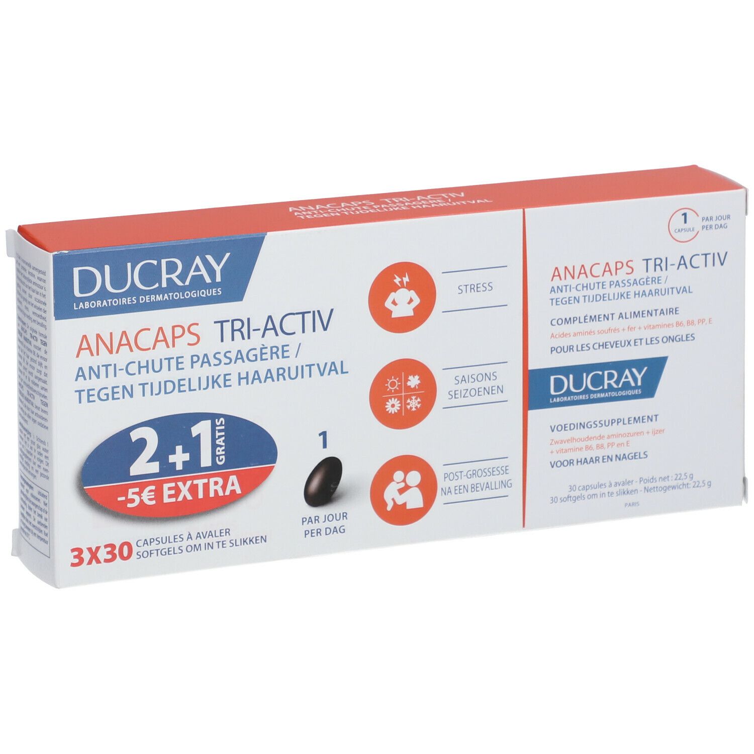 Boîte Ducray Anacaps Tri-Activ. Contient 3x30 gélules. Inscription: Anti-chute, 2+1 gratuit, -5€ extra. Avec illustrations.