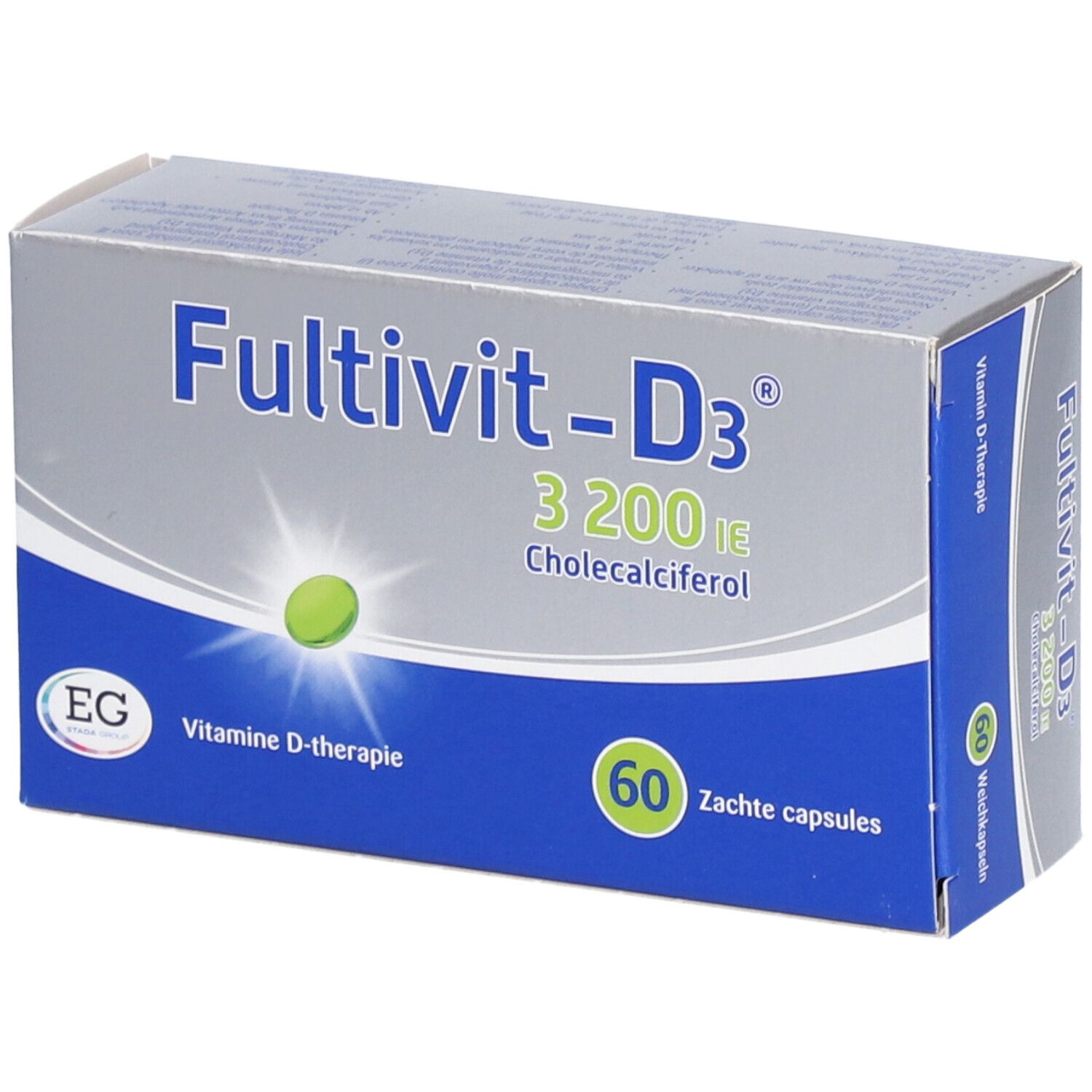 Boîte de Fultivit-D3 3200 UI, Cholecalciférol, 60 capsules. Emballage bleu et blanc avec logo et indication 'Vitamine D-thérapie'.