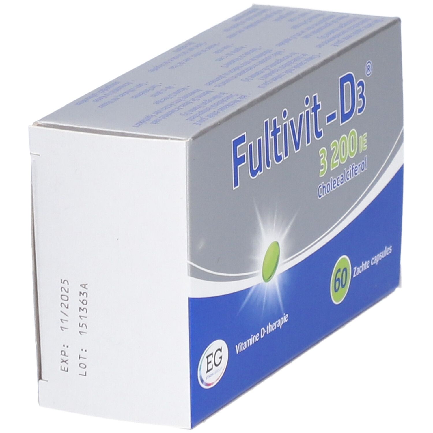 Boîte Fultivit-D3 3200 UI, Cholecalciférol. Vue arrière avec date d'expiration et numéro de lot. Emballage bleu et blanc.