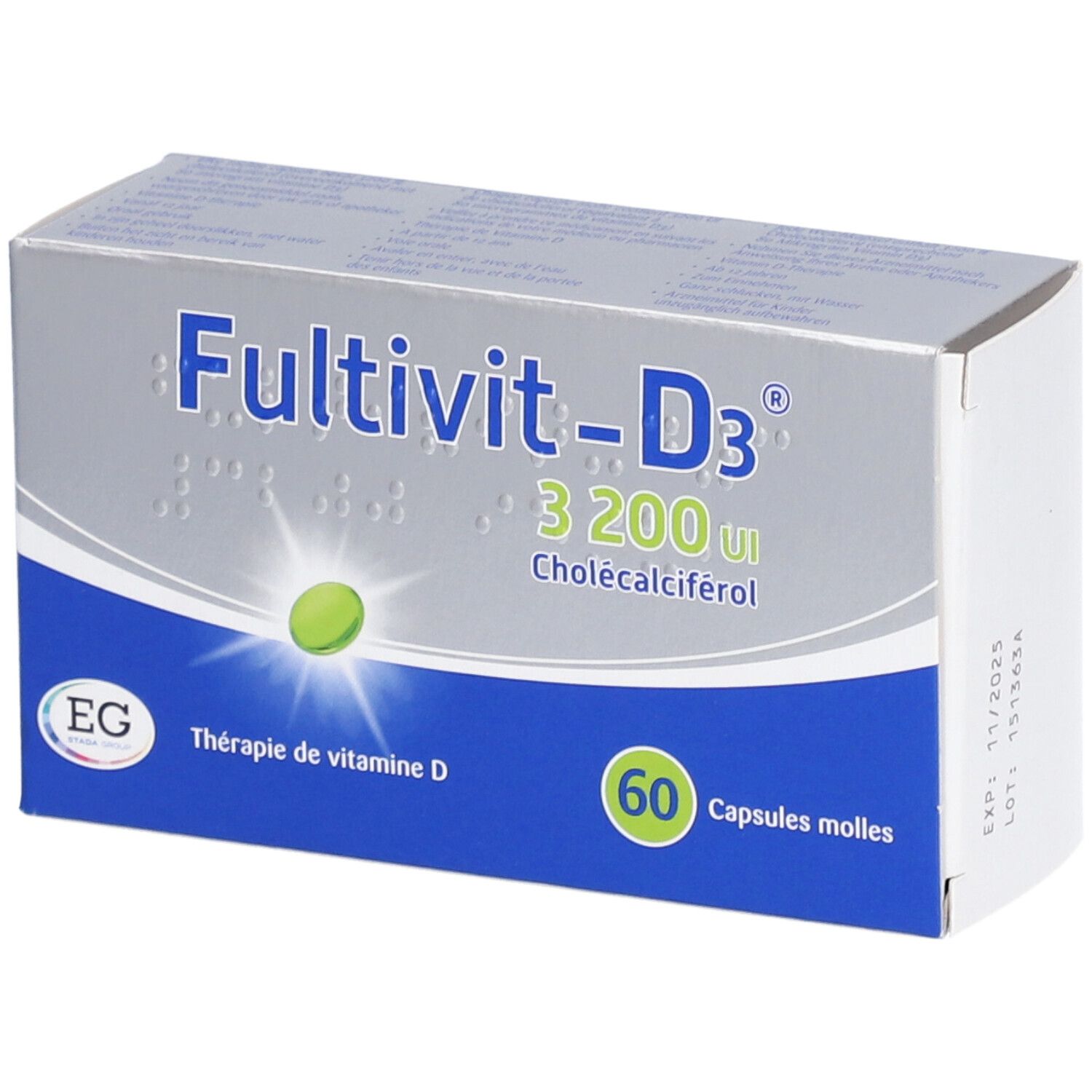 Boîte Fultivit-D3 3200 UI, Cholecalciférol, 60 capsules molles. Emballage bleu et blanc avec logo et texte 'Thérapie de vitamine D'.