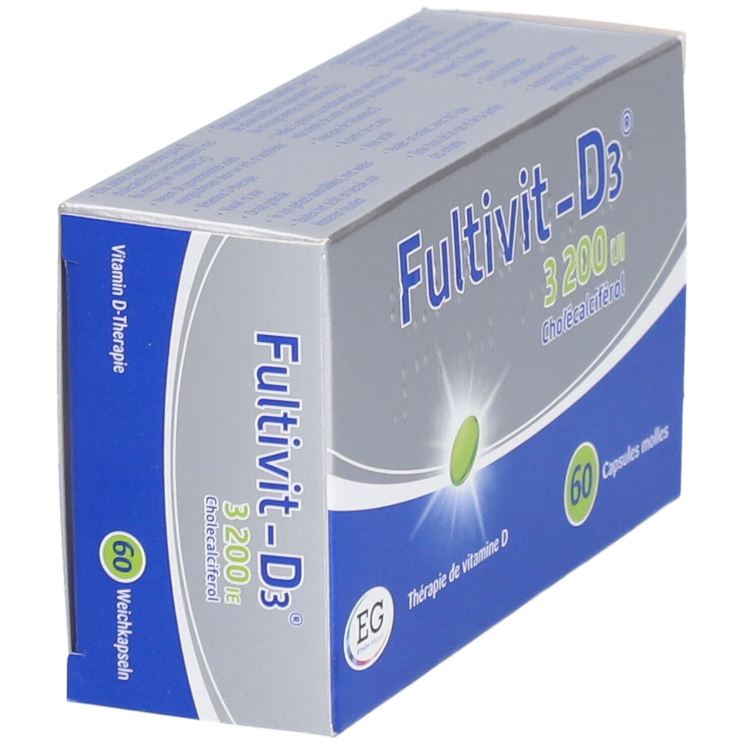 Boîte Fultivit-D3 3200 UI, Cholecalciférol, 60 capsules molles. Emballage bleu et blanc avec logo et texte 'Thérapie de vitamine D'.