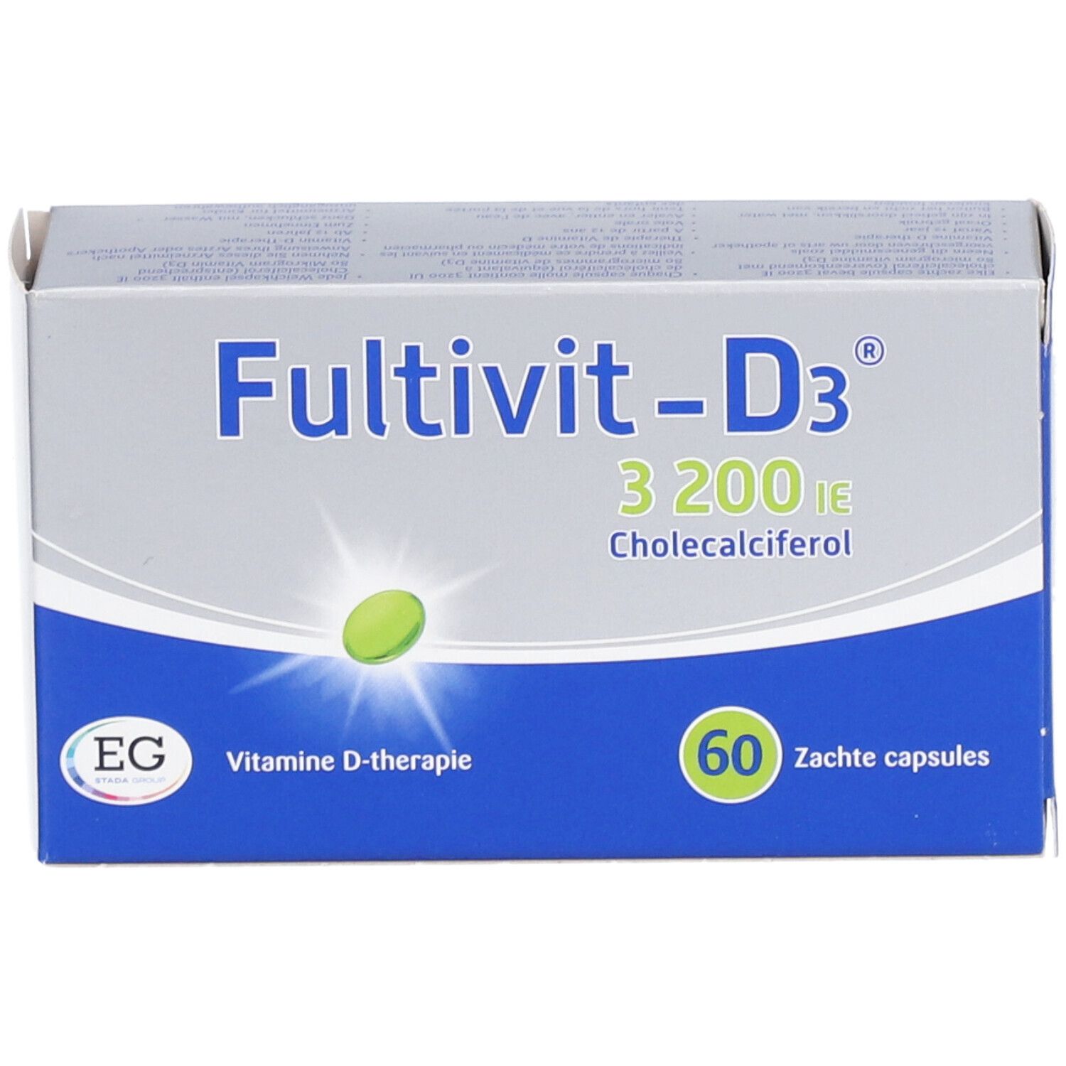 Boîte Fultivit-D3 3200 UI, Cholecalciférol, 60 capsules. Emballage bleu et blanc avec logo et texte 'Vitamine D-thérapie'.