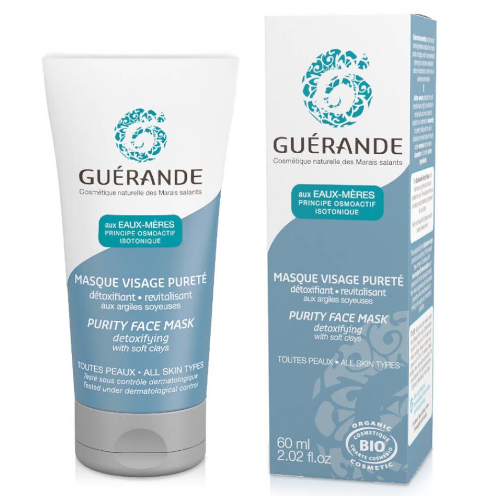 Tube en doos gezichtsmasker GUÉRANDE. Tekst: Purity Face Mask, voor alle huidtypen. Bio-certificering.