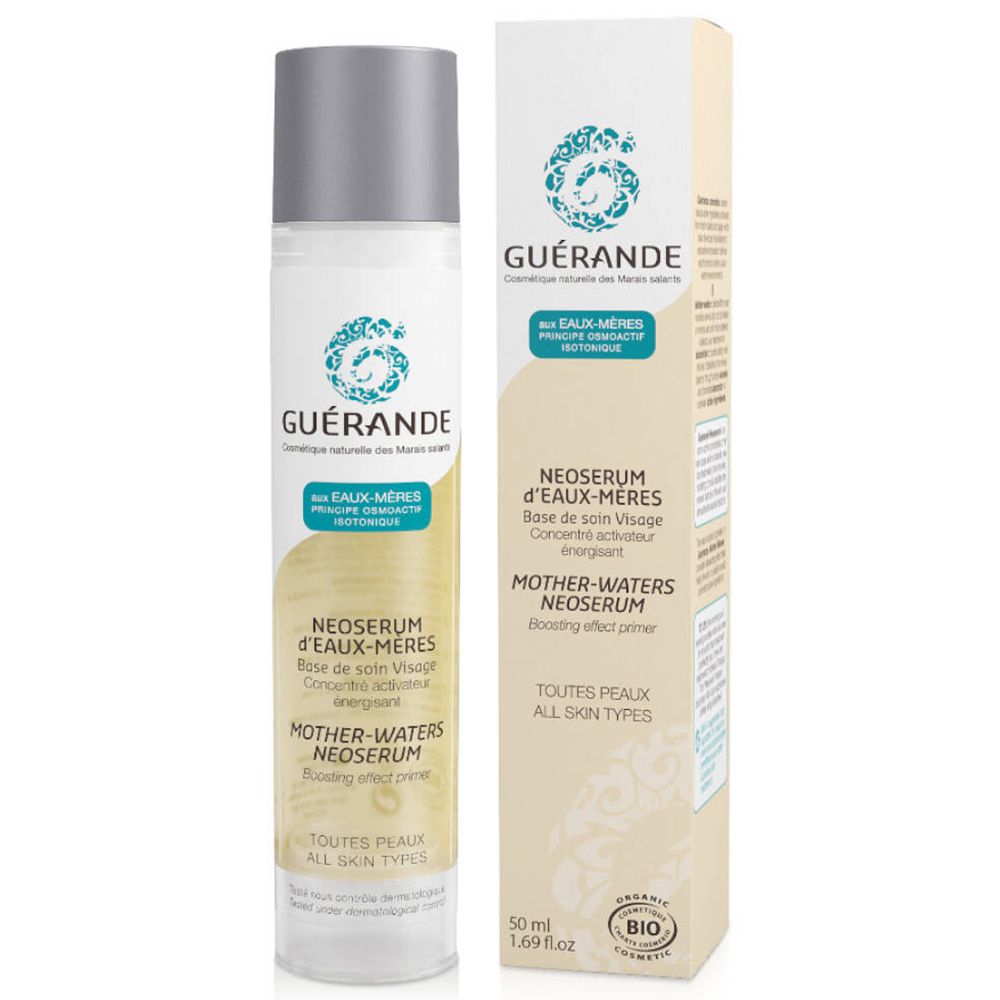 GUÉRANDE® NeoSerum fles en verpakking. Wit-zilveren fles, beige verpakking. Tekst: NeoSerum, alle huidtypen, bio-certificering.