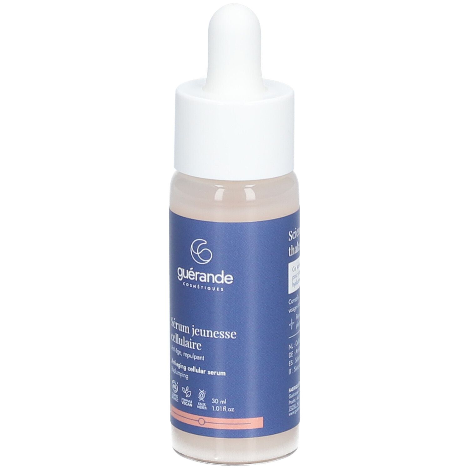 Serumfles met witte dop en pipet. Blauw etiket met tekst: Sérum jeunesse cellulaire. Merk: Guérande.
