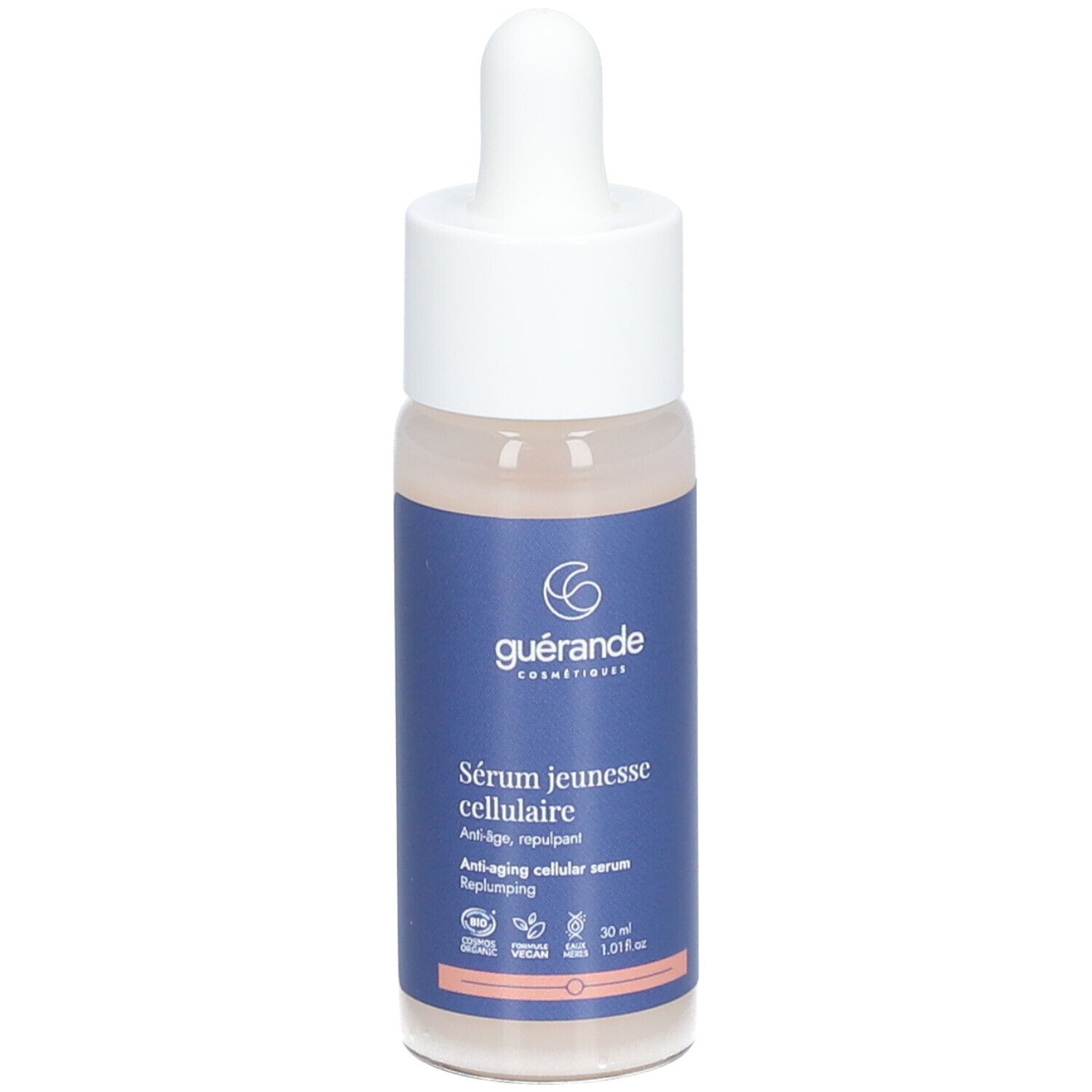 Serumfles met witte dop en pipet. Blauw etiket met tekst: Sérum jeunesse cellulaire. Merk: Guérande.