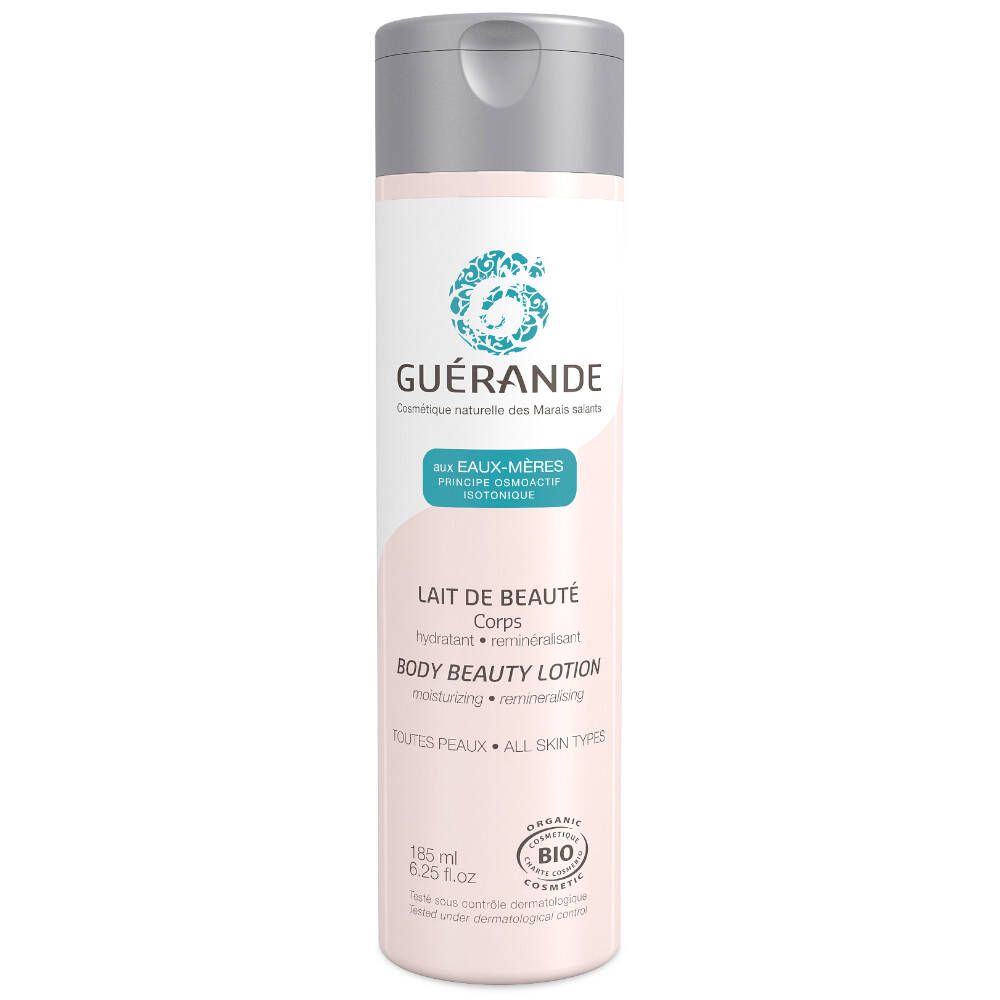 GUÉRANDE® Bodylotion. Fles met lichtroze etiket, zilveren dop. Opschrift: Lait de Beauté Corps, Bio-certificering.