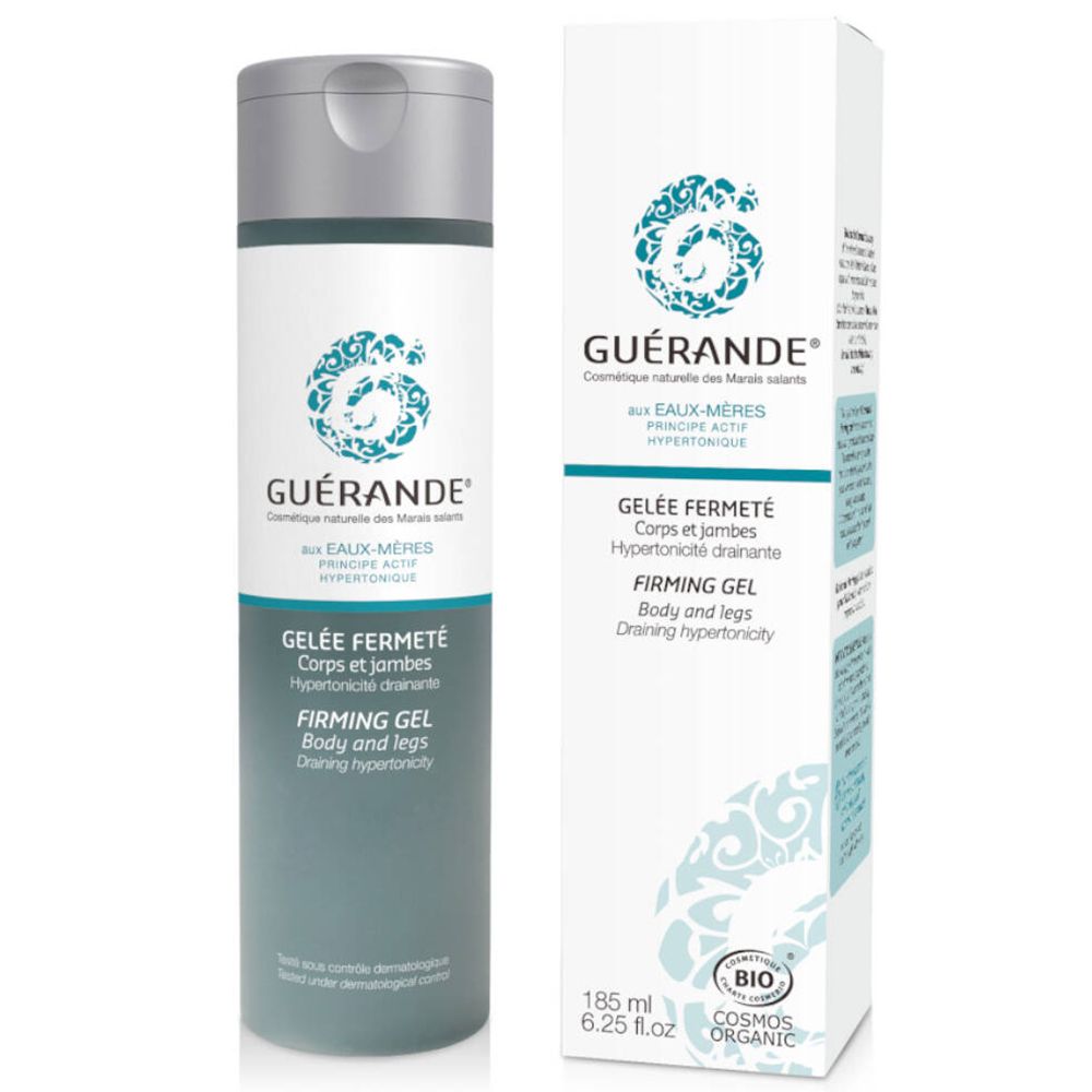 GUÉRANDE® Gelée Fermeté Corps & jambes. Flacon et emballage. Blanc, bleu, argent. Texte: 185 ml, COSMOS ORGANIC.