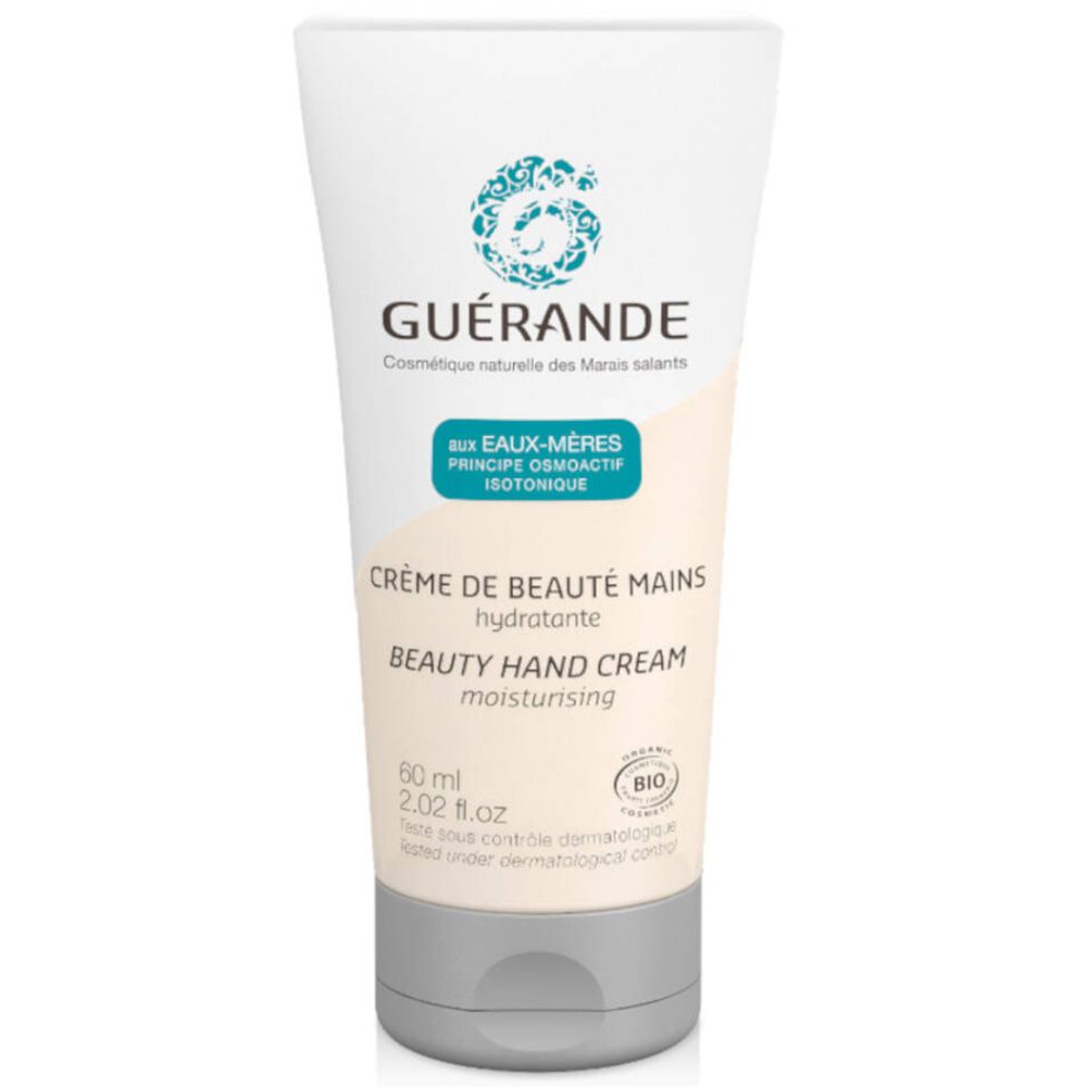 Tube blanc avec étiquette bleue et beige. Texte: Guerande, Crème de Beauté Mains, Beauty Hand Cream, 60 ml, label bio.