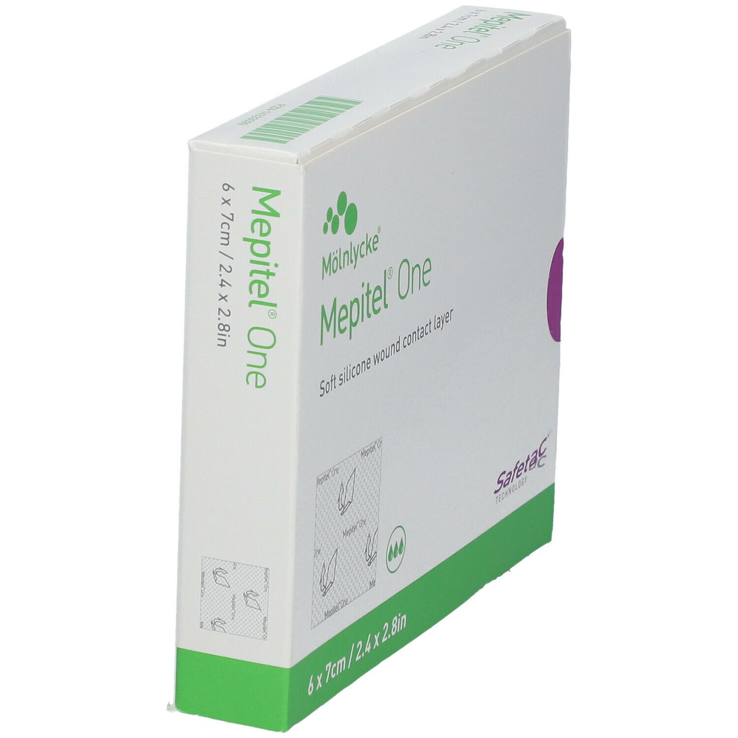 Boîte Mepitel One en biais. Boîte verte et blanche avec nom du produit et dimensions. Logo Safetac.