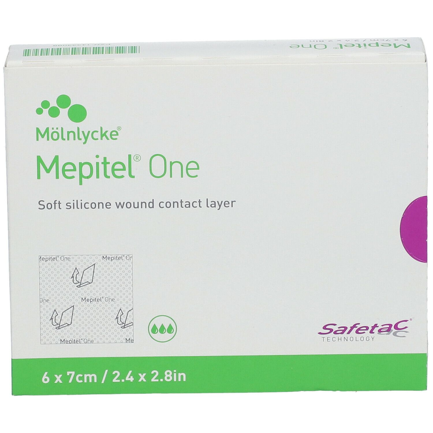 Boîte Mepitel One. Boîte verte et blanche avec nom du produit et dimensions. Logo Safetac.