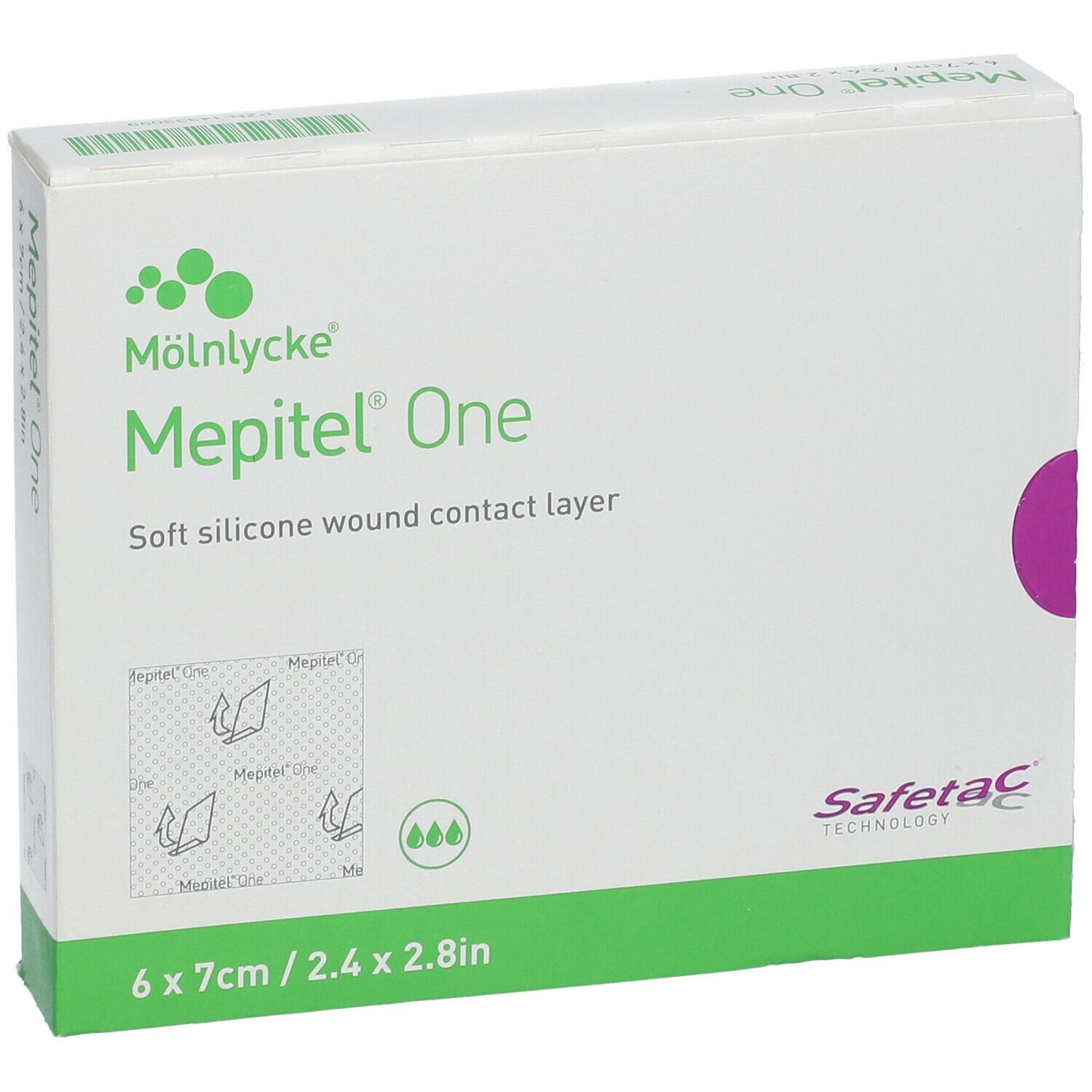 Boîte Mepitel One. Boîte verte et blanche avec nom du produit et dimensions. Logo Safetac.