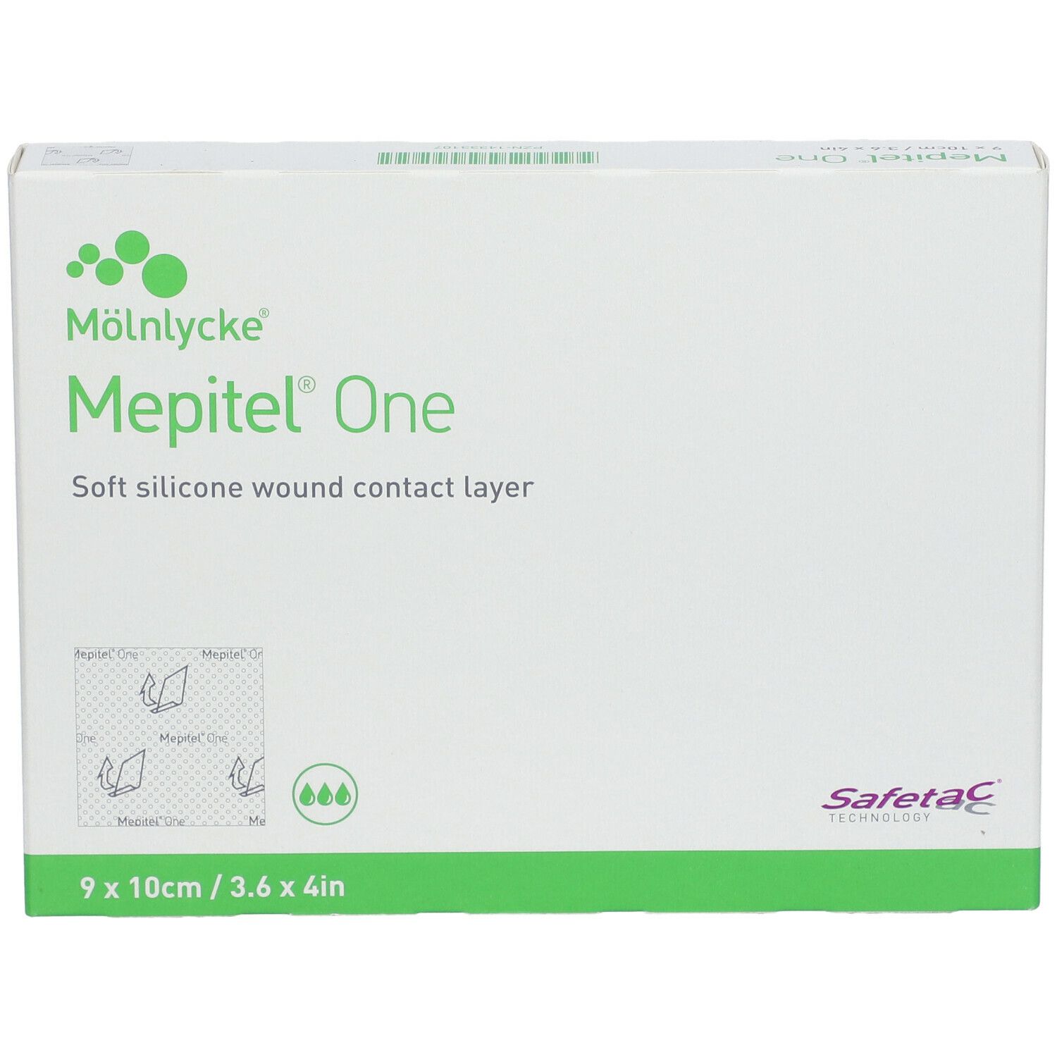 Boîte Mepitel One. Couche de contact souple en silicone. Dimensions : 9x10cm. Mölnlycke. Technologie Safetac.