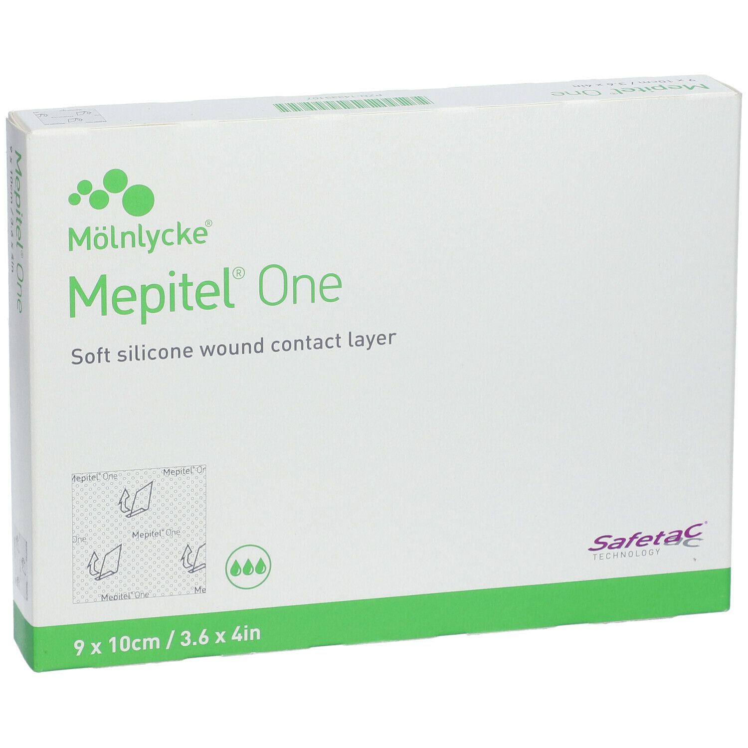 Boîte Mepitel One. Couche de contact souple en silicone. Dimensions : 9x10cm. Mölnlycke. Technologie Safetac.