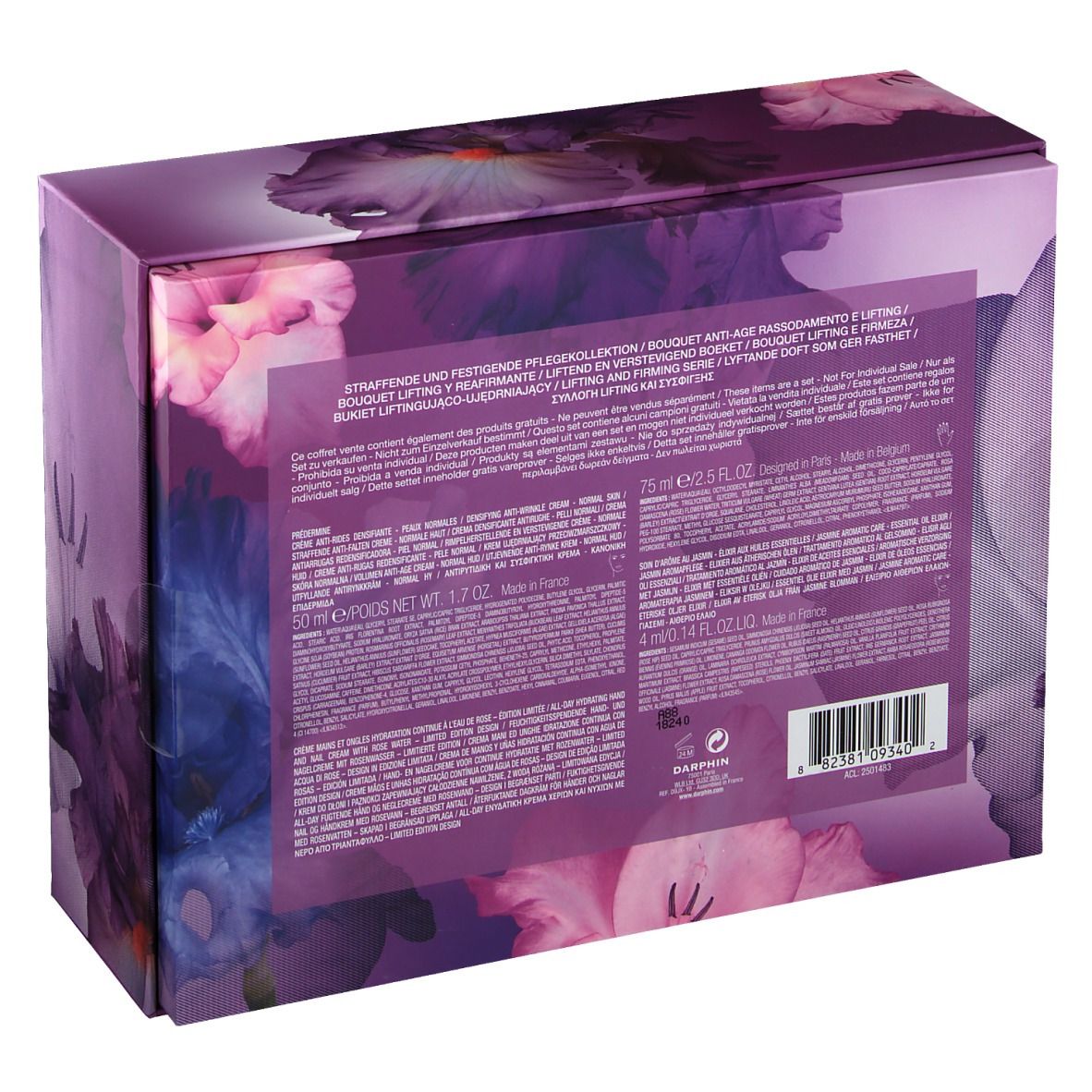 Achterkant van de doos met tekst. Bloemenprint. Bevat productinformatie en barcode.