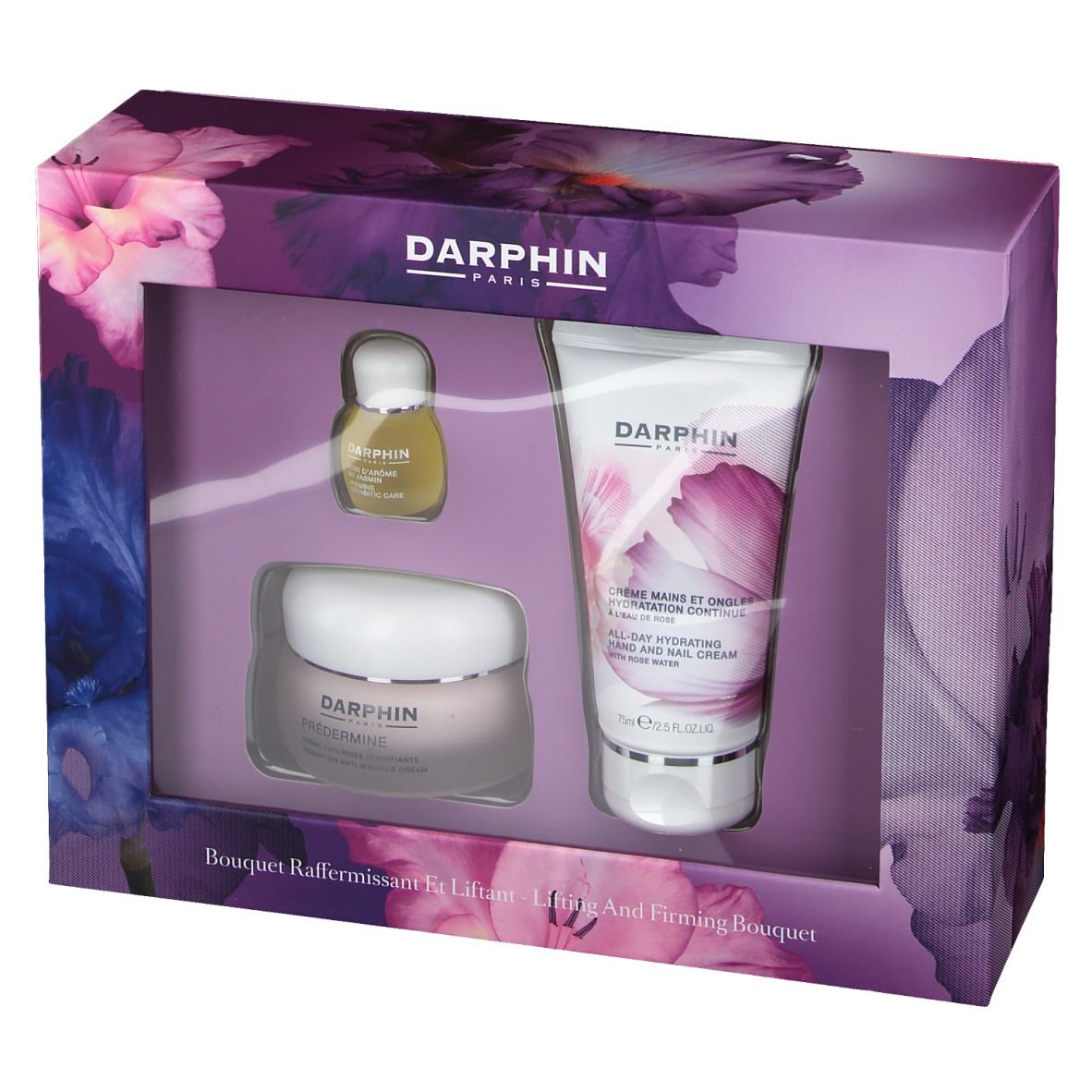 Geschenkdoos met drie producten. Bevat crème, serum en handcrème. Bloemenprint. Merklogo.