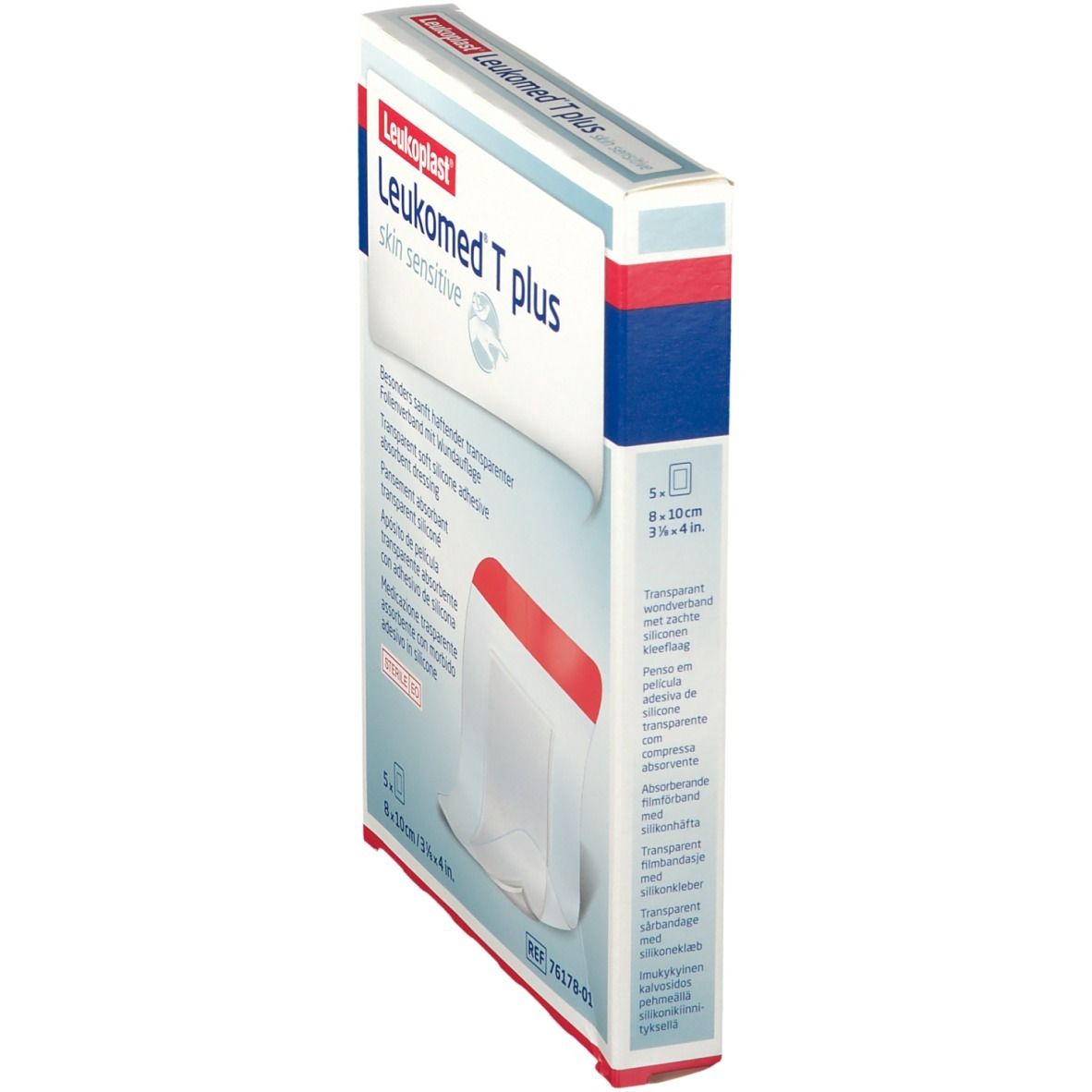 Seitenansicht der Verpackung von Leukoplast Leukomed T plus. Enthält 5 transparente Wundauflagen, 8x10cm.