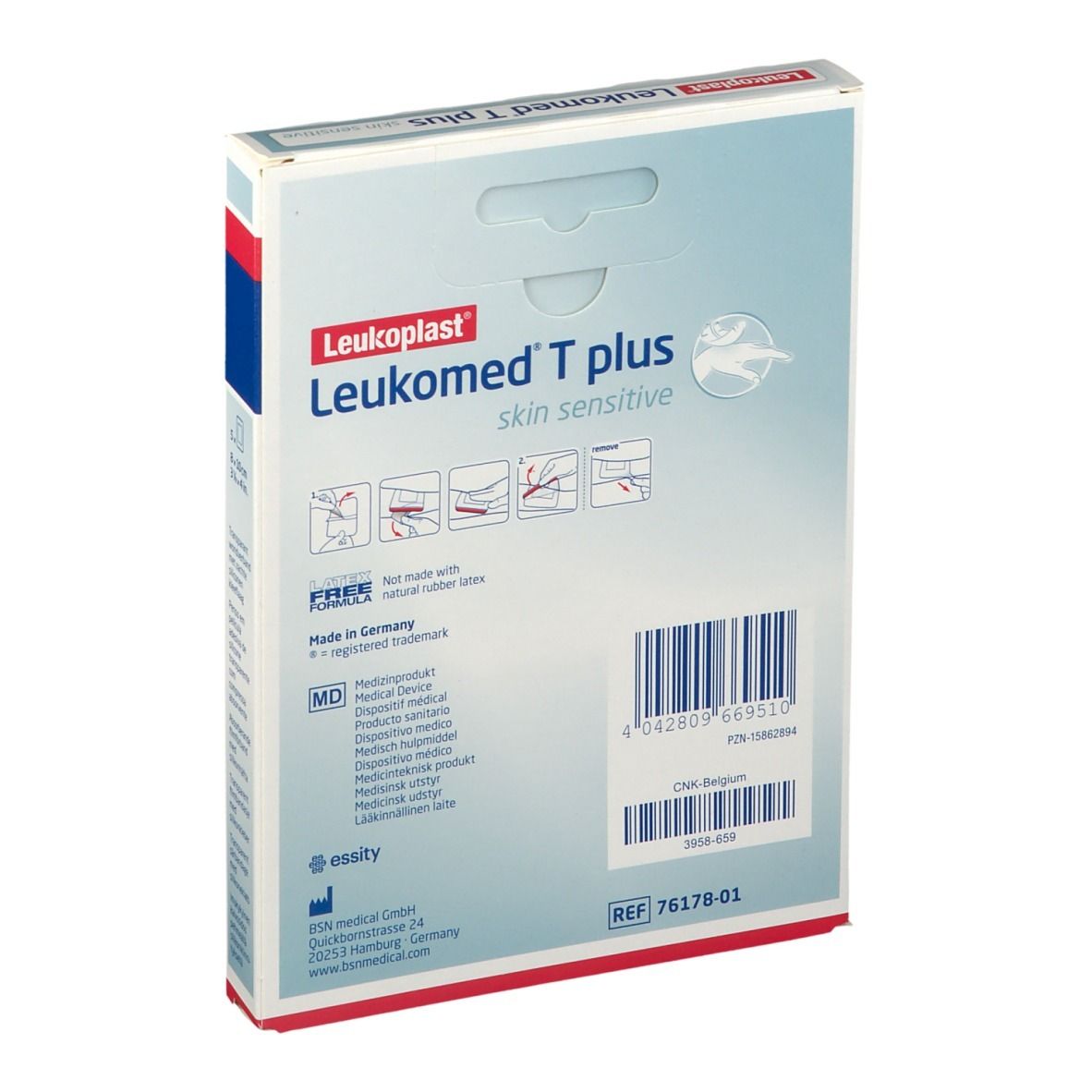 Rückseite der Verpackung von Leukoplast Leukomed T plus. Mit Produktinformationen, Barcode und MD-Kennzeichnung.