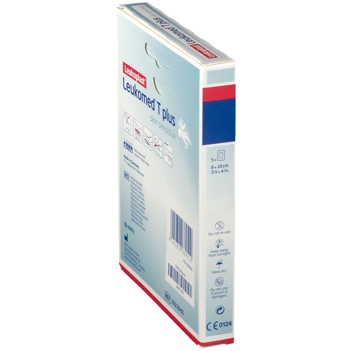Seitenansicht der Verpackung von Leukoplast Leukomed T plus. Mit Produktinformationen und CE-Kennzeichnung.