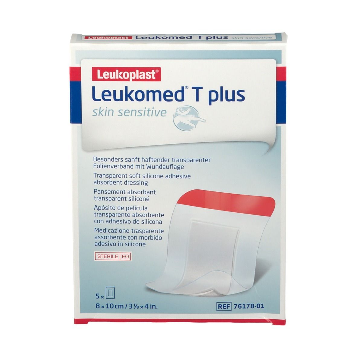 Verpackung von Leukoplast Leukomed T plus. Enthält 5 transparente Wundauflagen, 8x10cm. Mit Aufschrift 'skin sensitive'.