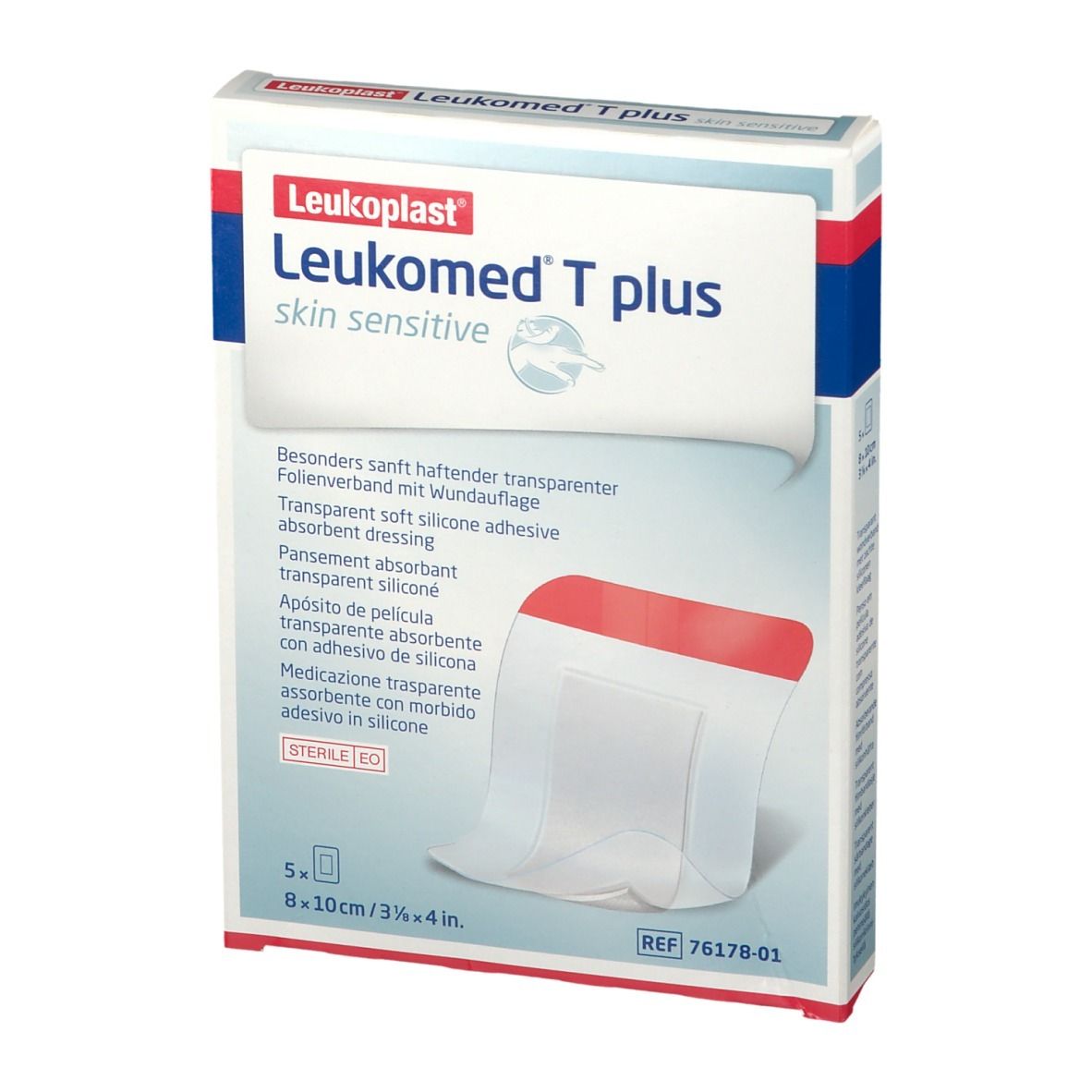 Verpackung von Leukoplast Leukomed T plus. Enthält 5 transparente Wundauflagen, 8x10cm. Mit Aufschrift 'skin sensitive'.