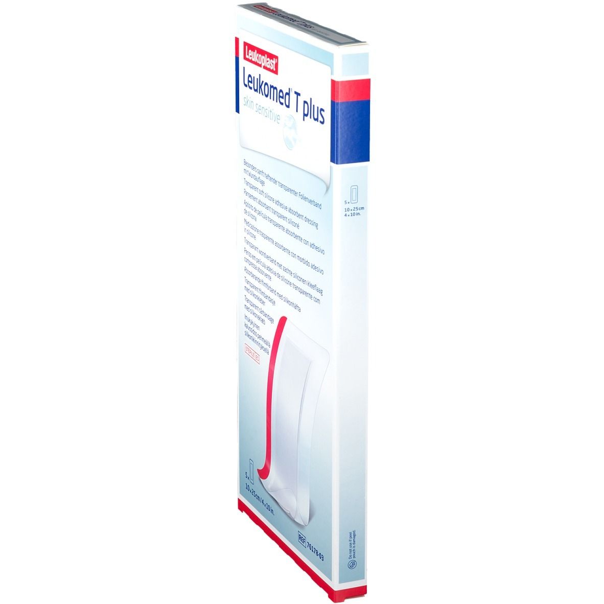 Leukomed T plus Verpackung, Seitenansicht. Transparentes Folienverband. Produktinformationen.