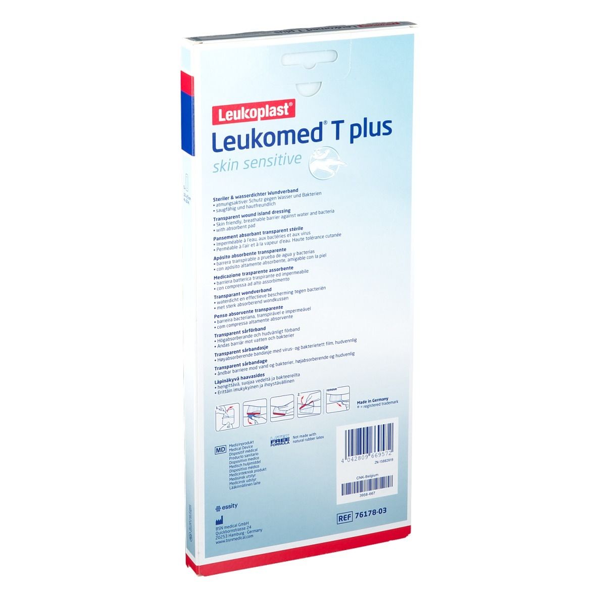 Rückseite der Leukomed T plus Verpackung. Produktinformationen und Anwendungshinweise.
